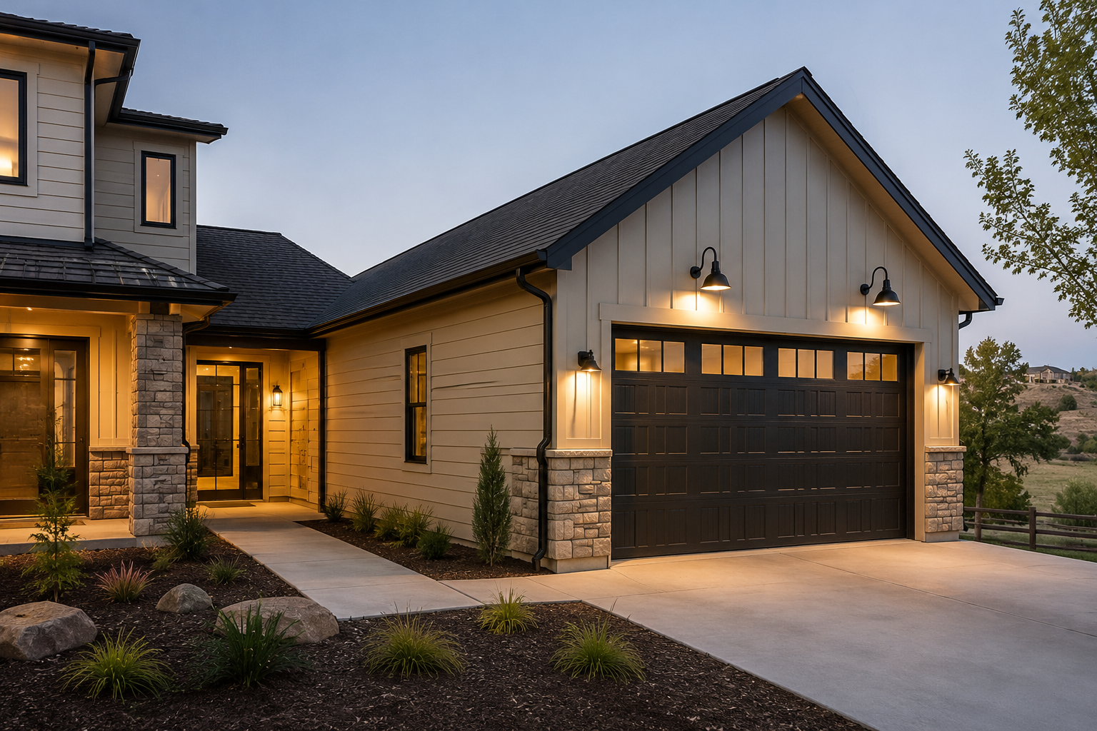 Modern suburban house with attached garage, illuminated porch light, and landscaped garden at dusk.
