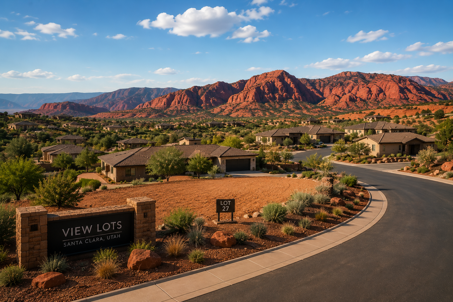 Residential neighborhood in Santa Clara, Utah, with desert landscaping and red rock mountains in the background.