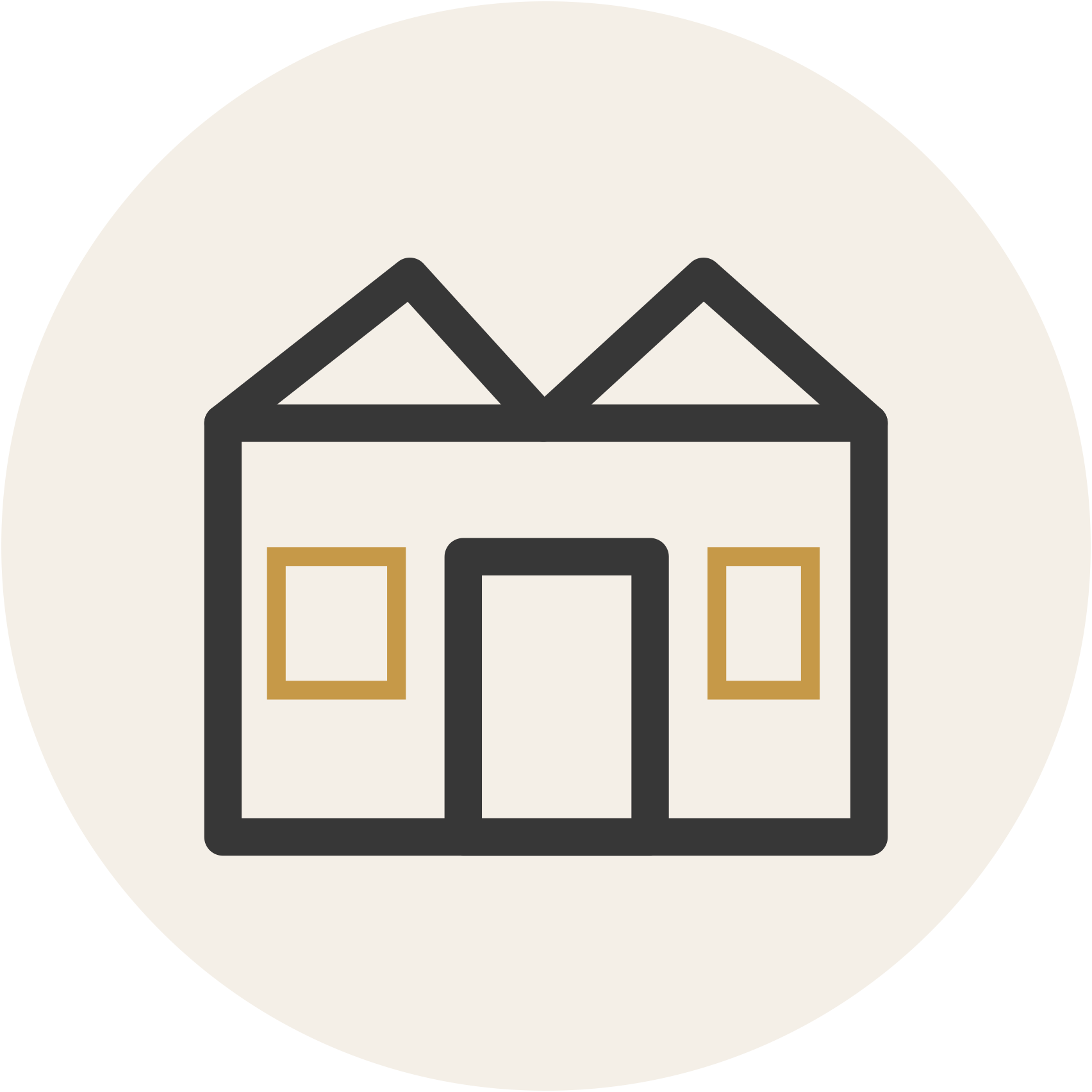 Simple line drawing of a house with a pitched roof, door, and two windows, all within a circular background.