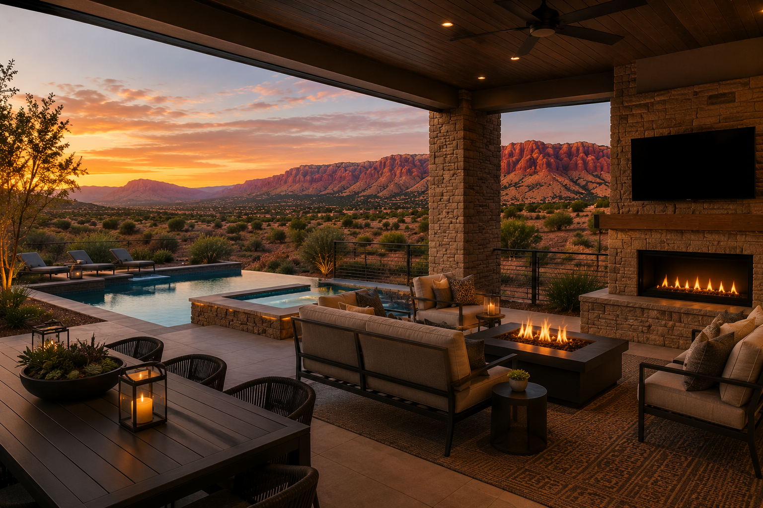 Luxury outdoor patio with seating area, fireplace, swimming pool, and mountain view at sunset.