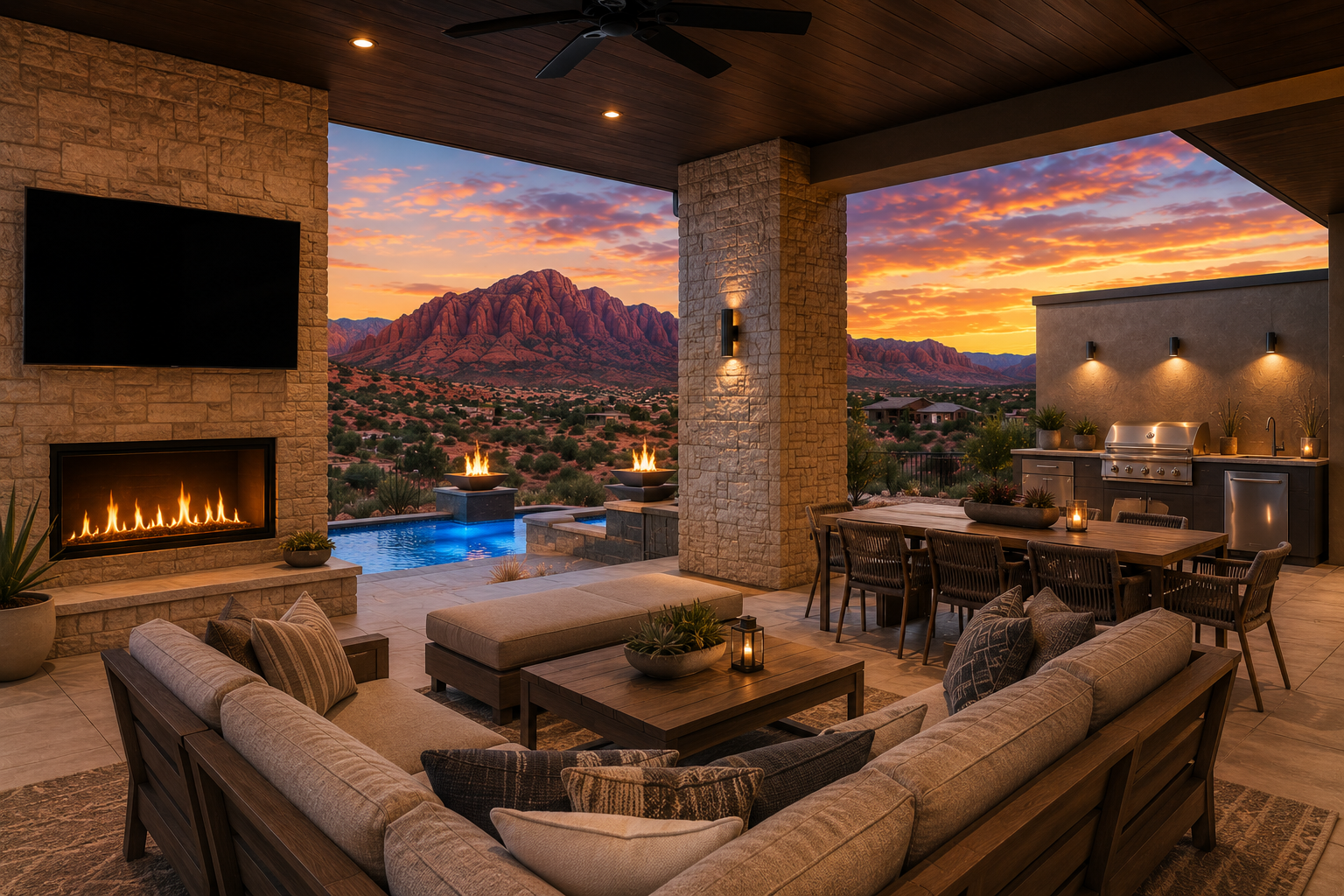 Outdoor living space with a stone fireplace, a mounted flat-screen TV, a seating area with a sectional sofa and cushions, a lit fireplace, a dining table with chairs, and a scenic view of red mountains at sunset.