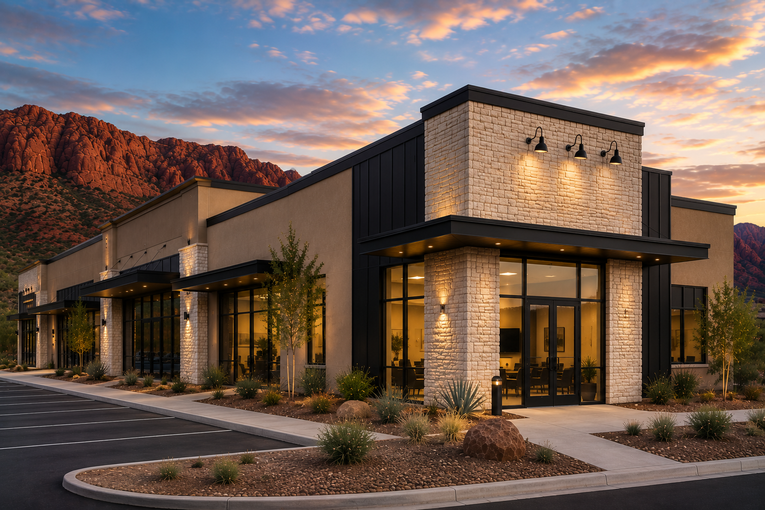 Modern commercial building with large glass windows, stone and black metal accents, surrounded by desert landscaping, mountains in the background, at sunset.