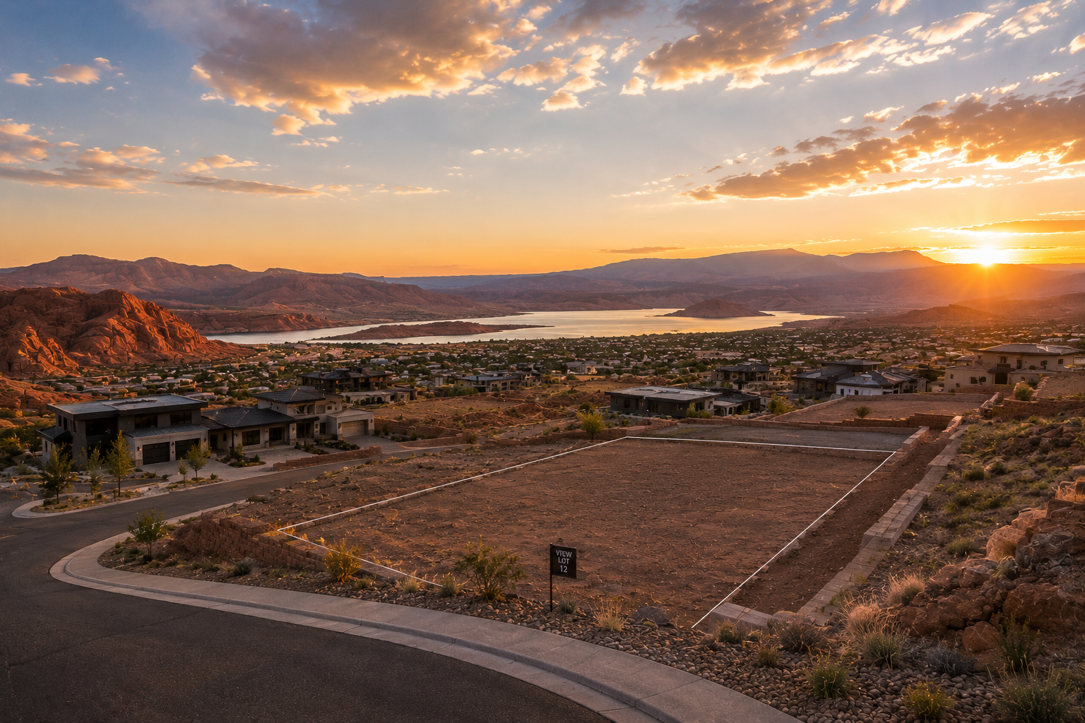 A vacant lot outlined in white on a residential street at sunset, with modern houses and distant mountains and lake in the background.