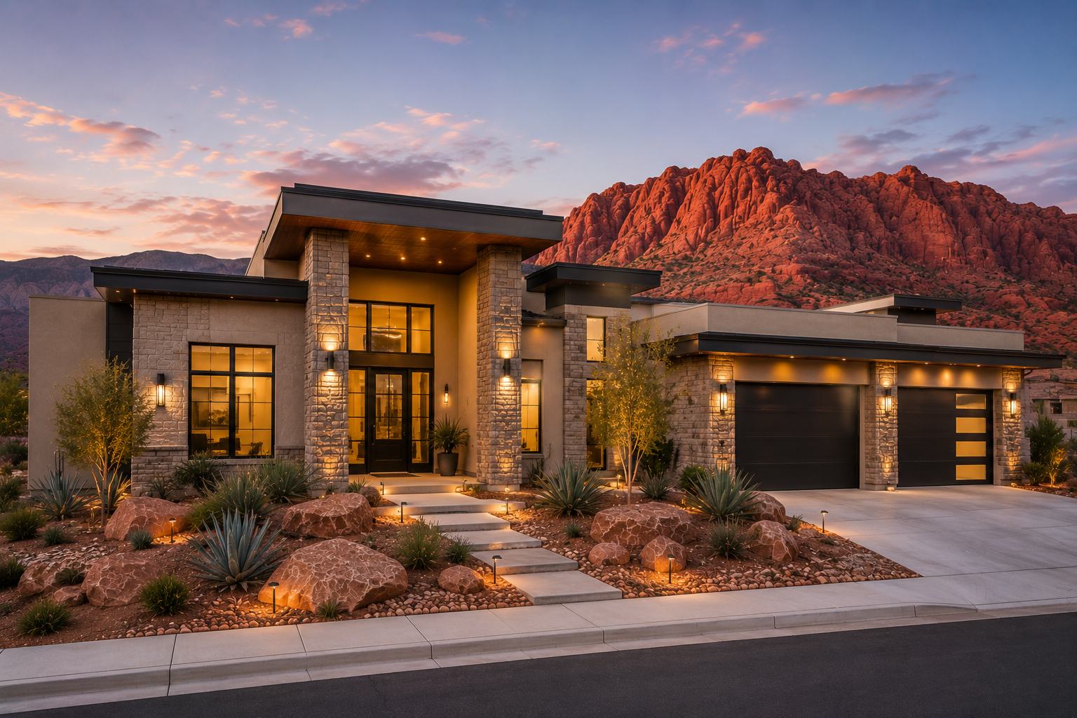 Modern house with stone and stucco exterior, illuminated front yard with desert plants, large windows, and a mountain backdrop during sunset.