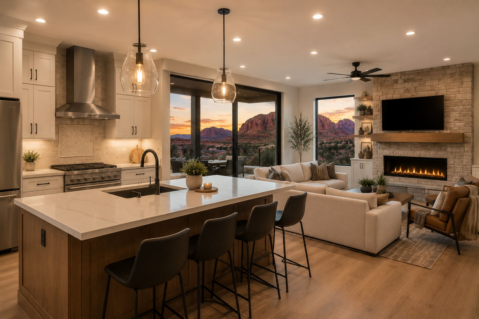 Open concept kitchen and living room with view of desert mountains at sunset, modern decor, fireplace, large window, and kitchen island with four black chairs.