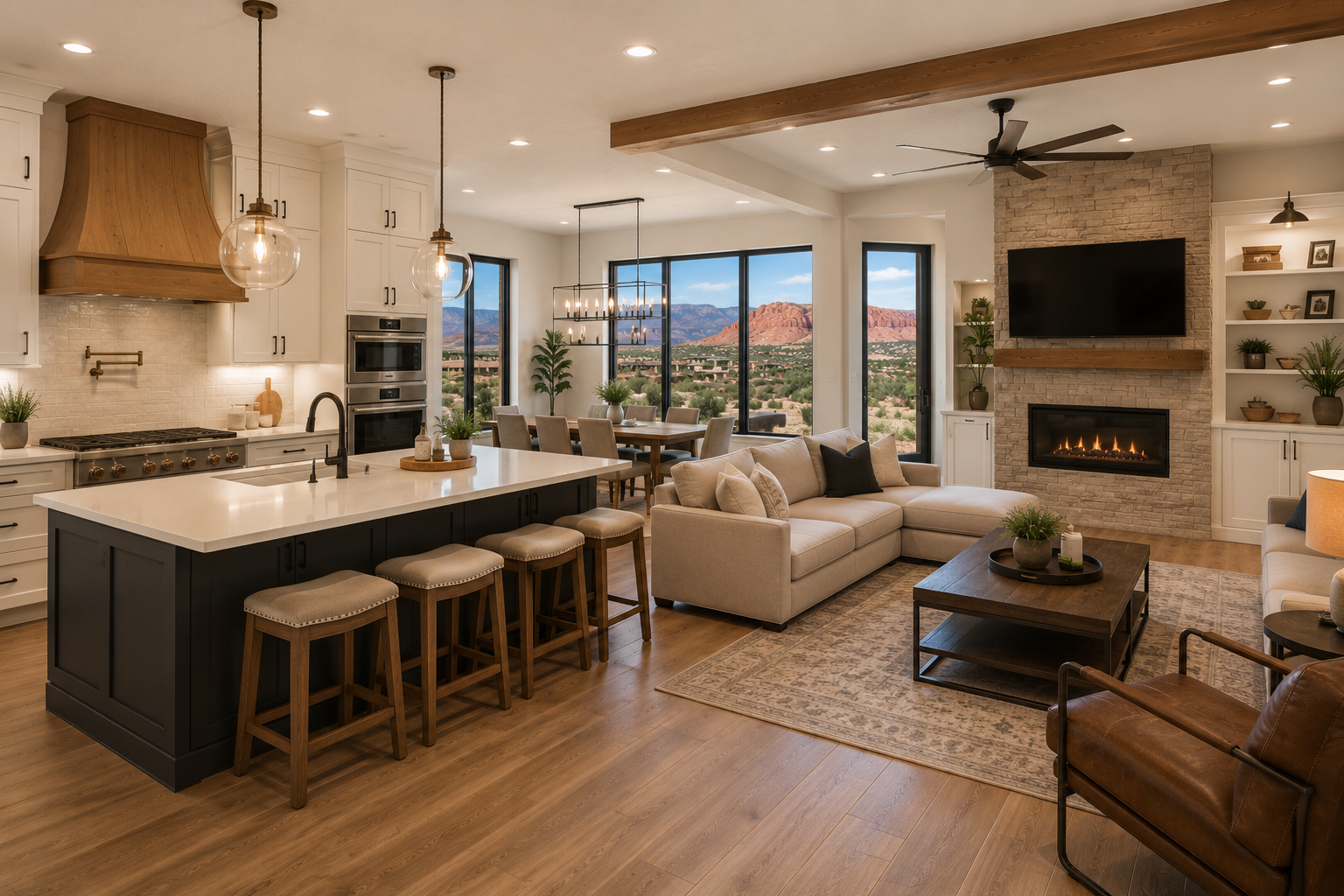 Open-concept living room and kitchen with large windows showcasing a desert landscape with mountains, featuring a beige sectional sofa, a cozy fireplace, and modern decor.