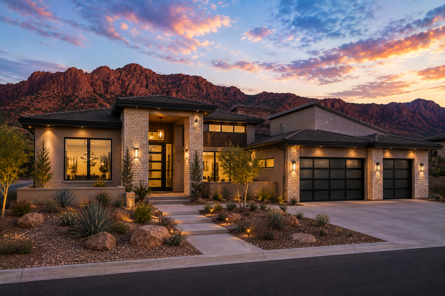Modern house with stone and stucco exterior, illuminated by outdoor lighting, set against red rocky mountains at sunset.