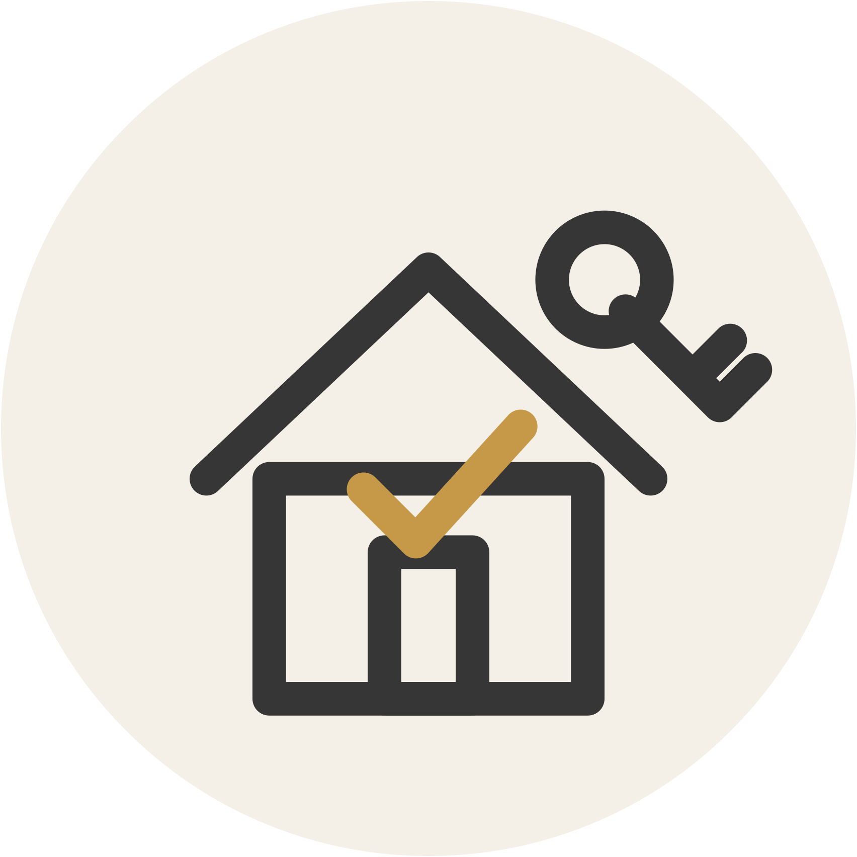 Black outline of a ballot box with a checkmark inside, a house with a roof, and a magnifying glass. The symbols are overlaid in black and gold on a light background.
