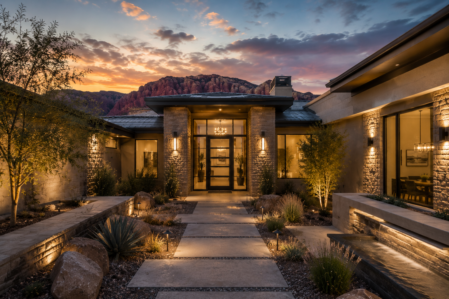 A modern house at sunset with large glass front doors, illuminated by warm outdoor lights. The front yard features a pathway of large stone slabs, desert plants, and a small water feature on the right. Mountainous terrain is visible in the background.