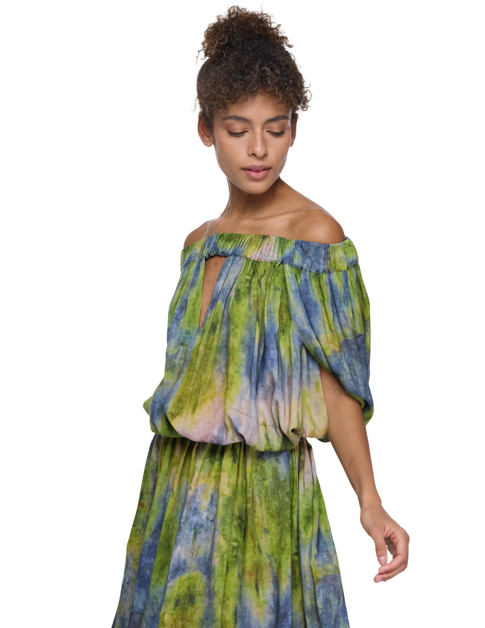 Off-the-shoulder botanical dress