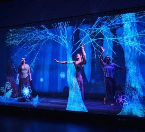 Dancers perform on a stage with a projection of a blue forest, featuring glowing trees and floral patterns.
