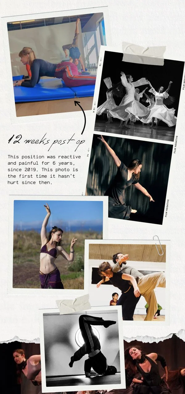 Collage of Leah in various dance settings over the years. Copy beside image of a hip mobility drill reads "12 weeks post op: this position was reactive and painful for 6 years, since 2019. This photo is the first time it hasn't hurt since."