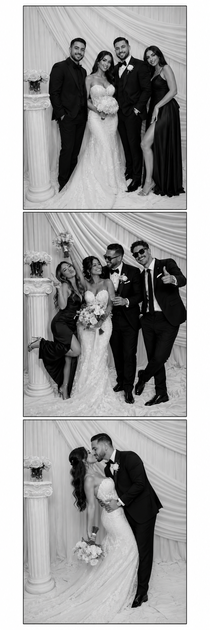 A wedding celebration with couples in formal attire, including a bride in a wedding dress, a groom in a tuxedo, and friends in elegant black dresses and suits, sharing joyful moments and kissing.