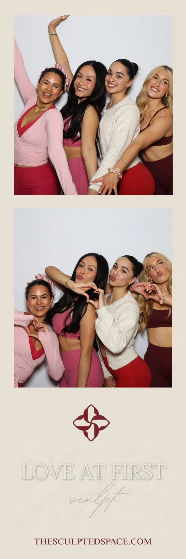 Four women posing for a photo booth picture, making heart shapes with their hands and smiling, with a logo and the text 'LOVE AT FIRST' and a website URL below.