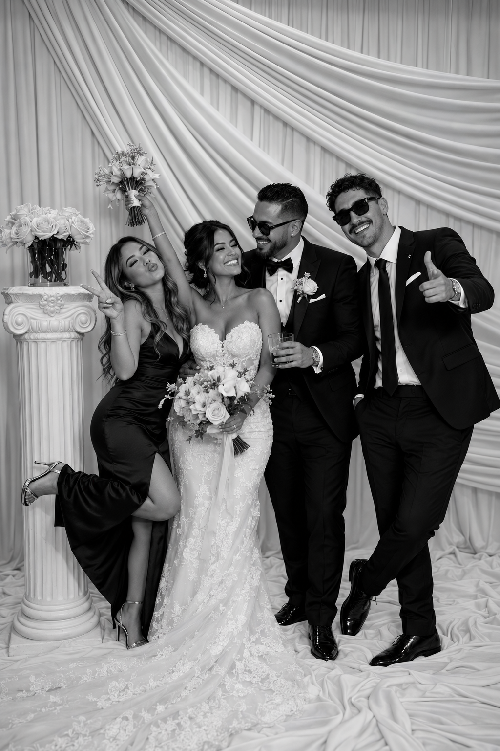 Black and white photo of a wedding celebration with five people smiling and celebrating. The bride is in the center holding a bouquet, surrounded by two women and two men, all dressed in formal attire, posing joyfully against a draped backdrop with floral arrangements.
