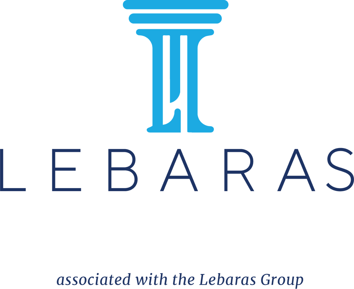Logo of the Lebaras Group featuring a stylized blue column and the text 'LEBARAS' underneath, with smaller text 'associated with the Lebaras Group' below.