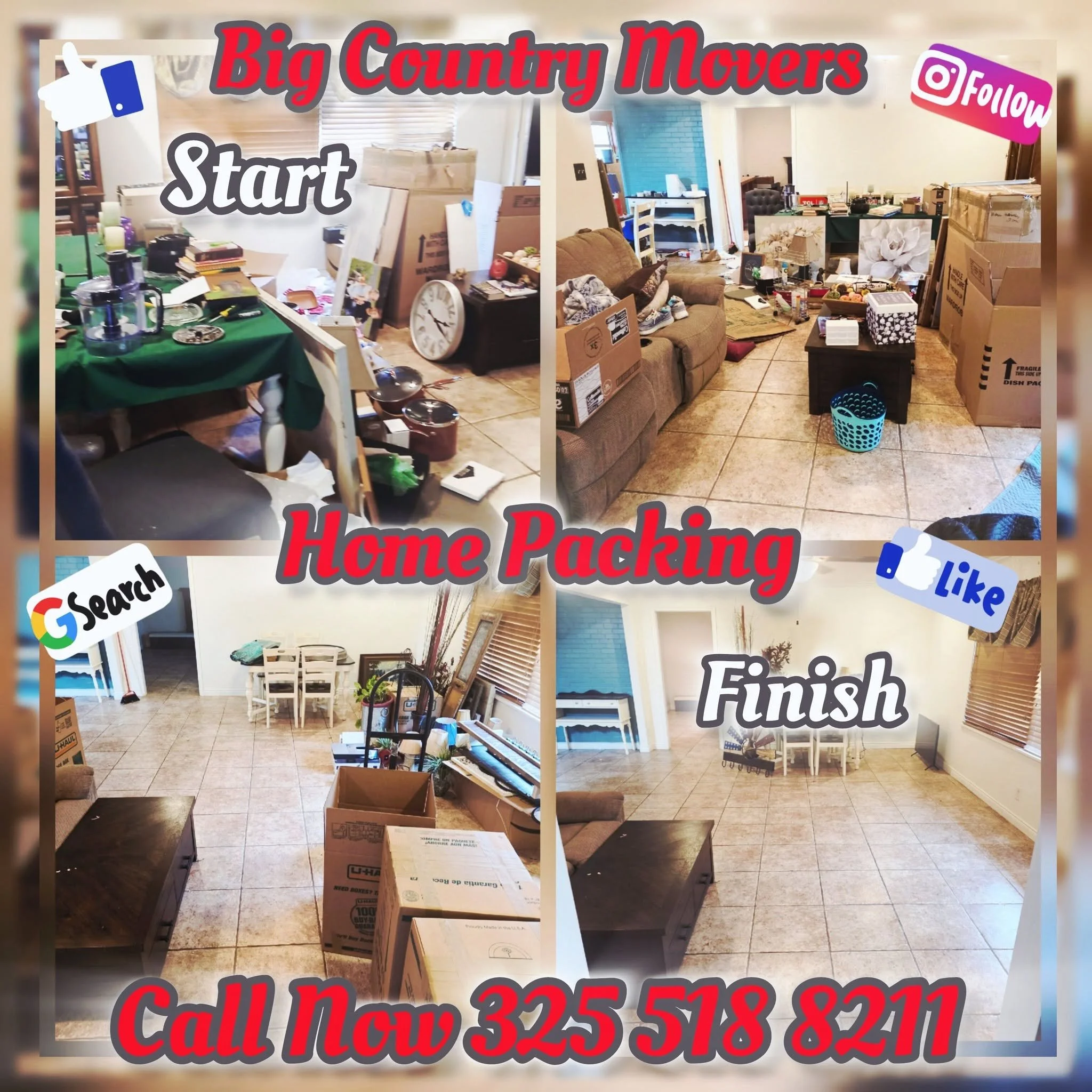 A cluttered room filled with moving boxes, furniture, and household items in preparation for home packing and moving services, with promotional text overlay including a phone number.