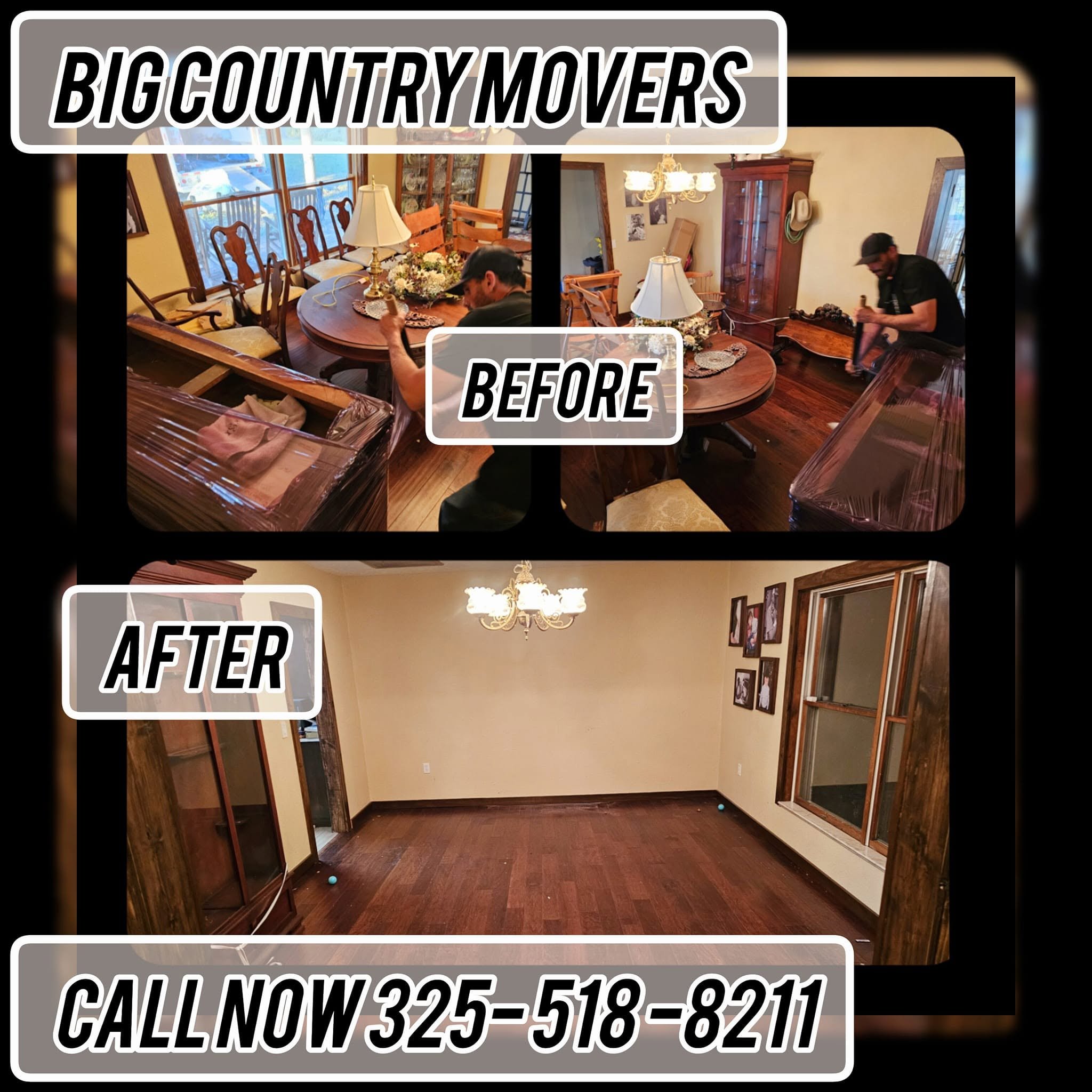 Before and after images showing a cluttered dining room with furniture and items being moved, including a large table, chairs, lamps, and a cabinet, with a phone number for a moving service.