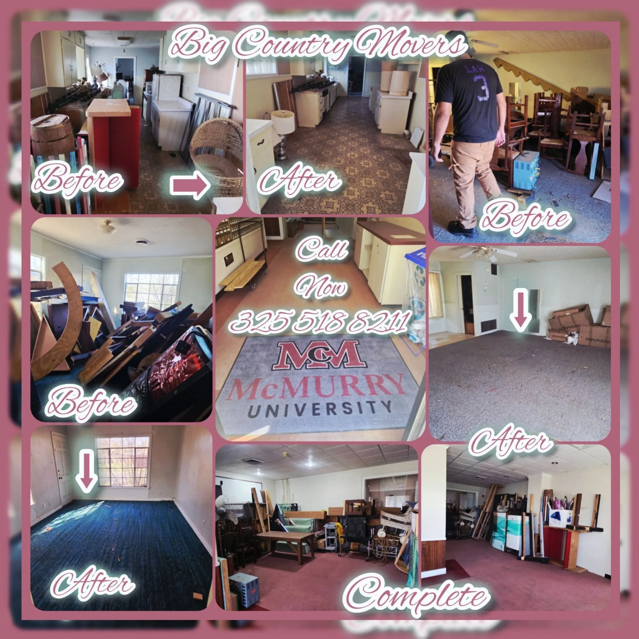 A collage of photos showing a before and after transformation of a room, with furniture and books organized and walls painted, along with a person moving furniture and the finished room with carpet, a ceiling fan, and organized shelves.
