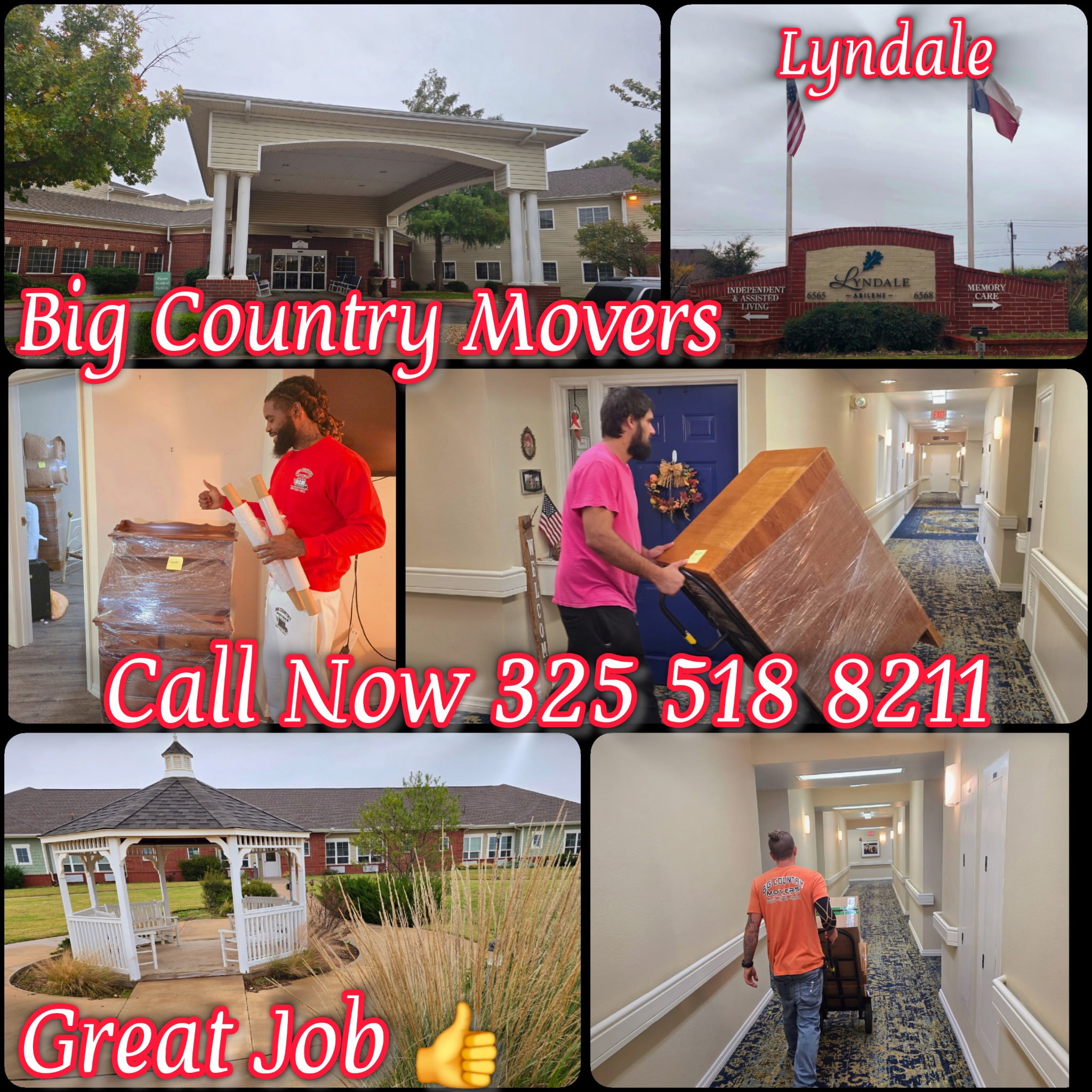 Collage of images showing signs for Big Country Movers and Lyndale in front of a building, a person with long hair and beard wrapping a large desk, and a person with short hair and pink shirt carrying a small wooden piece in a hallway.
