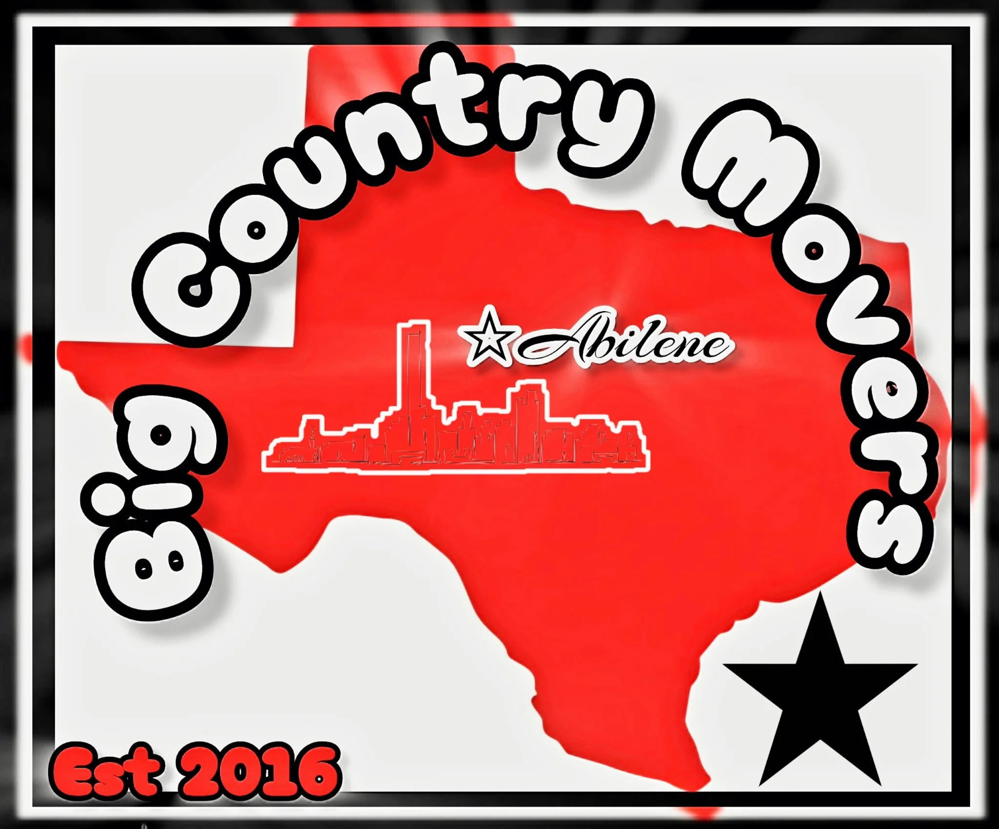 A design featuring the outline of the state of Texas in red, with the word 'Community' in large black letters arched over it. Below, there is a silhouette of a city skyline in red, with the words 'Est. 2016' in red. The background is white with black border decorations.