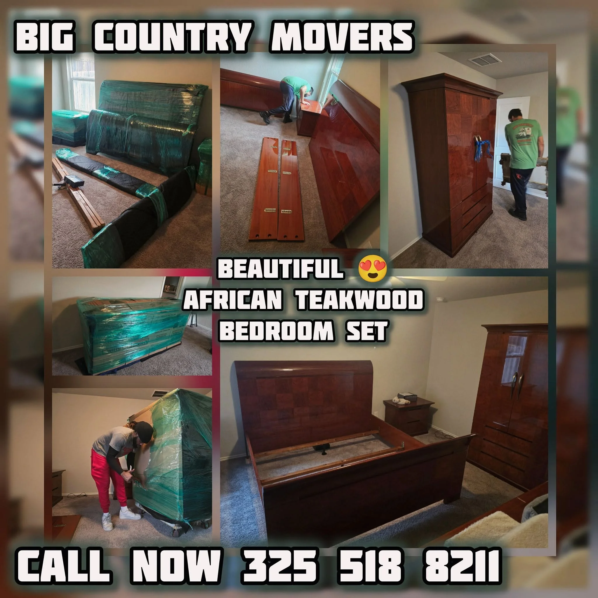 Image preview of a bedroom furniture set, including a large wooden dresser and a matching nightstand. The set is being unwrapped and assembled by workers, with protective plastic wrapping still on parts of the furniture. The room has beige carpeting 