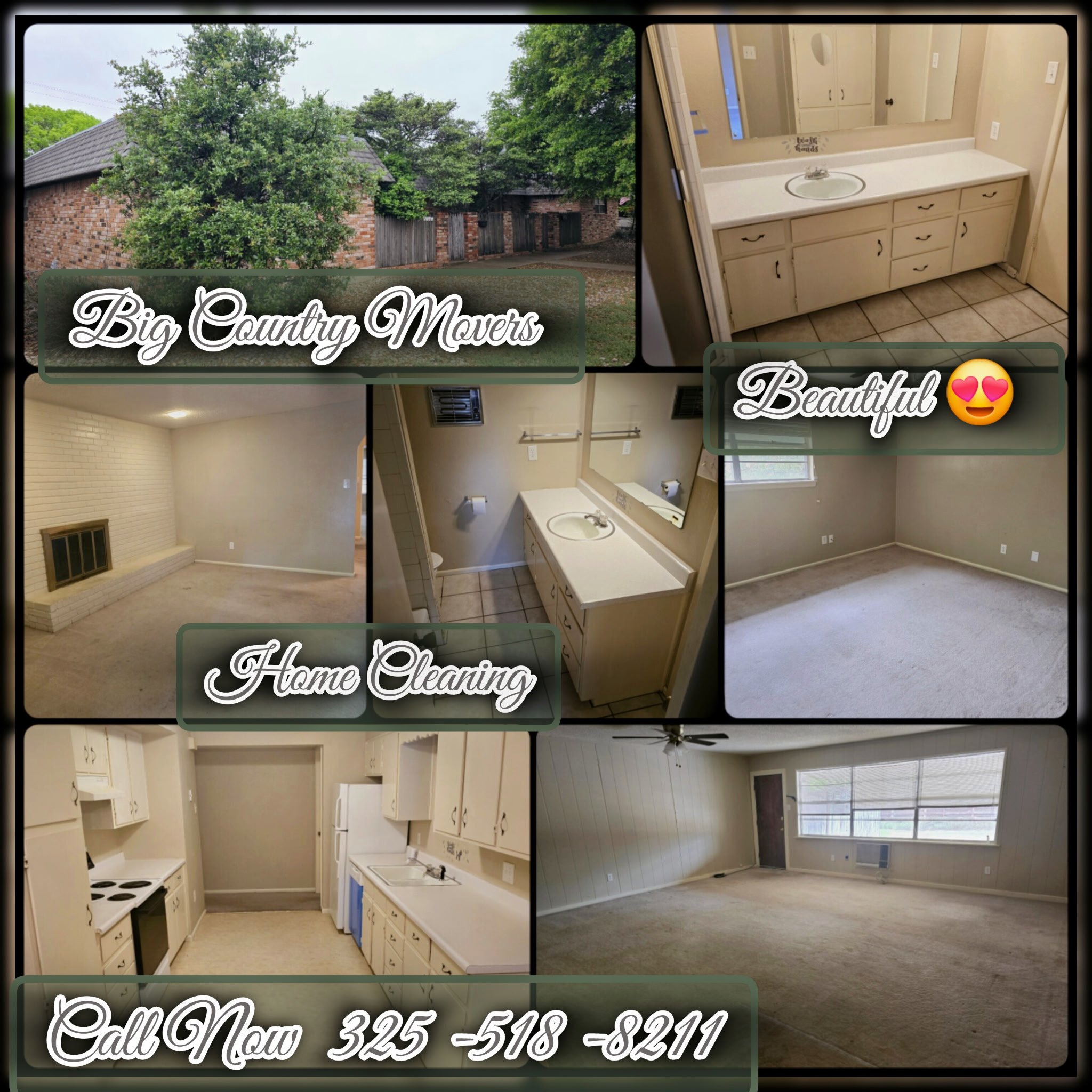 Photos of a house interior being cleaned, including a kitchen, bathroom, living room, and dining area, with overlaid text promoting professional home cleaning services and a contact phone number.