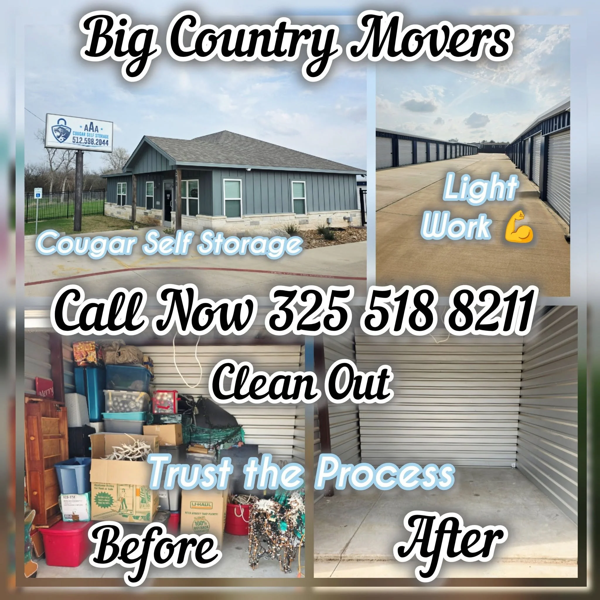 Comparison photo showing a storage unit interior before and after cleaning. The left side depicts cluttered shelves with boxes and organization bins, labeled with 'Before,' while the right side shows a clean, empty storage space labeled 'After.' Text
