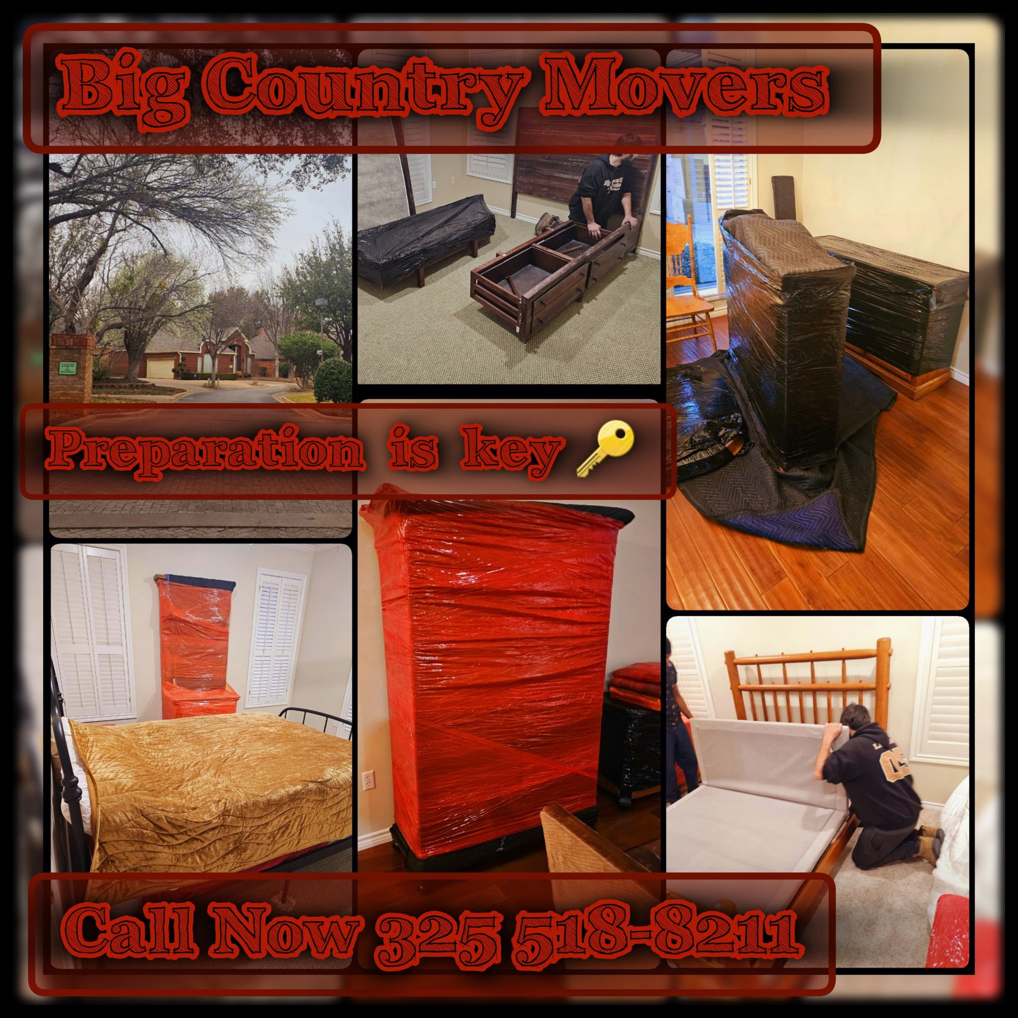 Collage of moving-related images, including packed furniture, a moving truck, and a person wrapping furniture in plastic. Text overlay says 'Big Country Movers' and 'Call Now 325 518-8221' with a key icon.