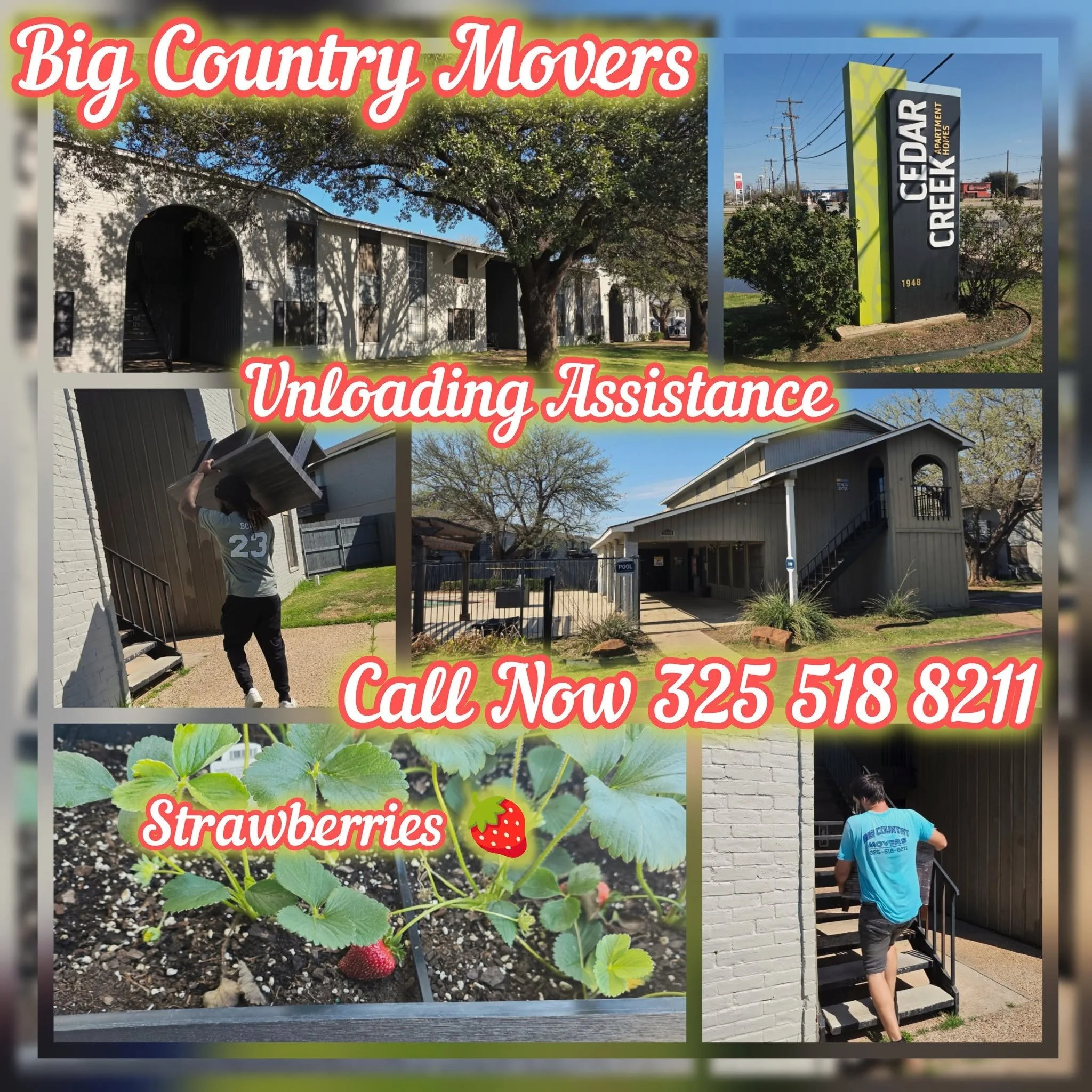 A collage of images advertising Big Country Movers offering unloading assistance, featuring a moving sign, a house with trees, strawberries, and people moving furniture.