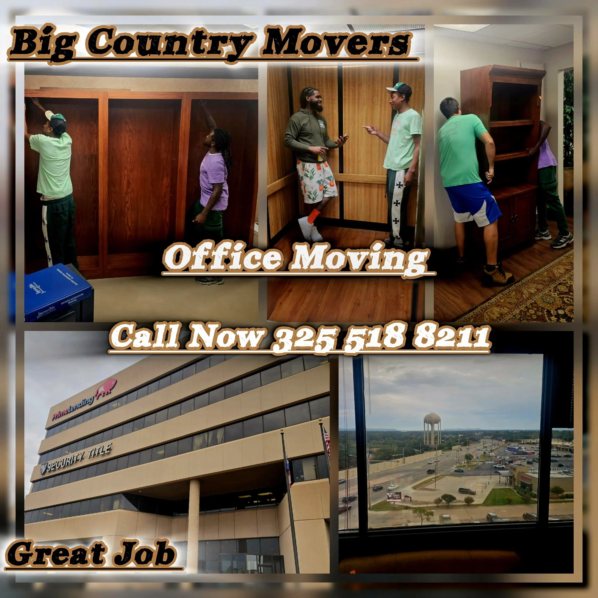 Building with signs that read 'Great Job' and 'Big Country Movers'. Several people are moving furniture and discussing, with some lifting furniture and others standing and talking inside the building.