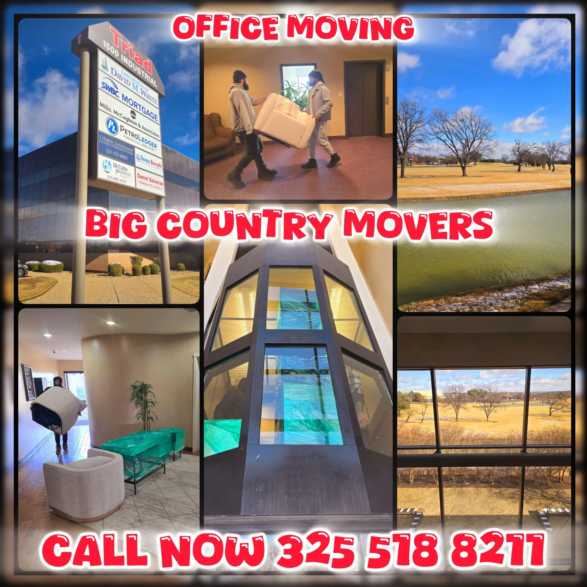 A daytime outdoor scene with a large sign advertising an office building with various business names, a picture of two men moving furniture inside an office space, and a view of trees and a lake with a partly cloudy sky.