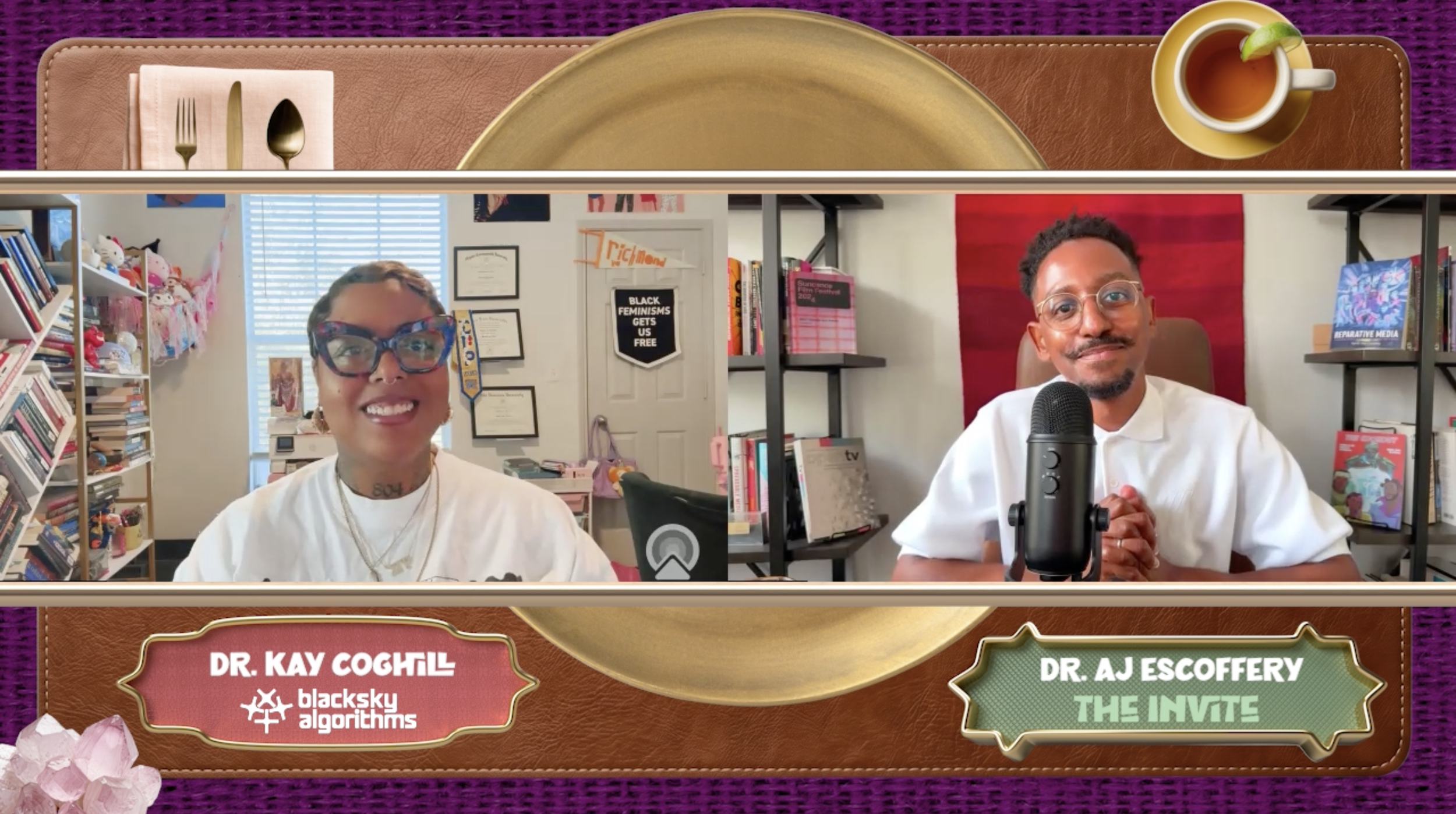 zoom interview two black queer mixed gender set table backdrop gold plate purple sheets