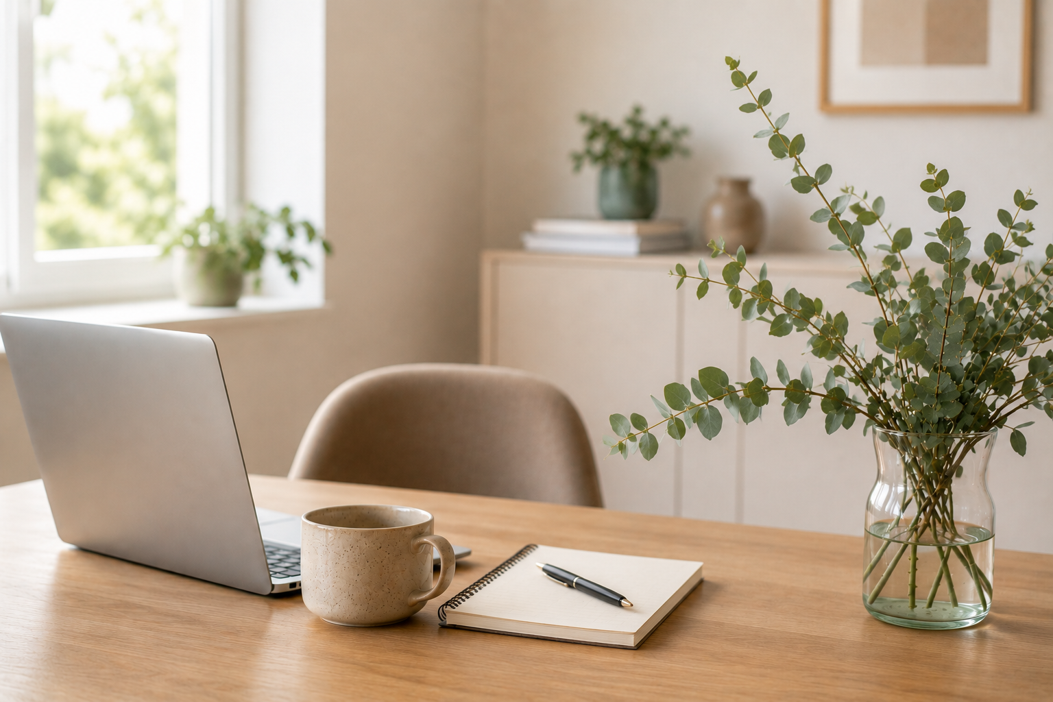 A workspace with a laptop, a coffee mug, a notepad with a pen, and a glass vase with green leafy branches on a wooden table in a bright room.