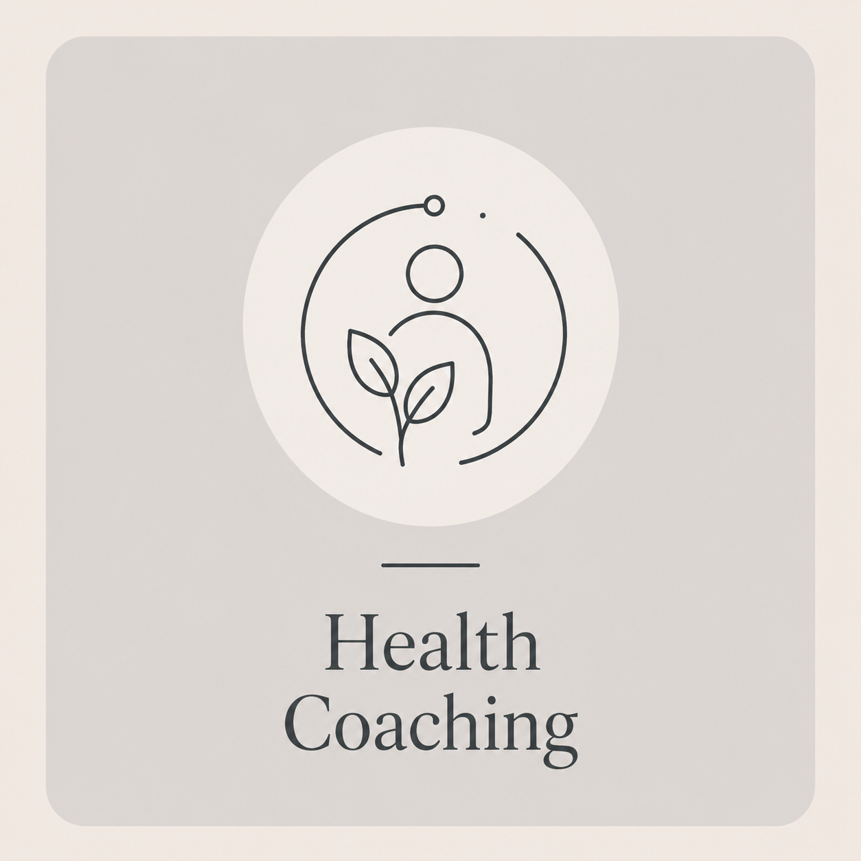 Minimalist icon with a person, two leaves, and circular lines, labeled 'Health Coaching'.