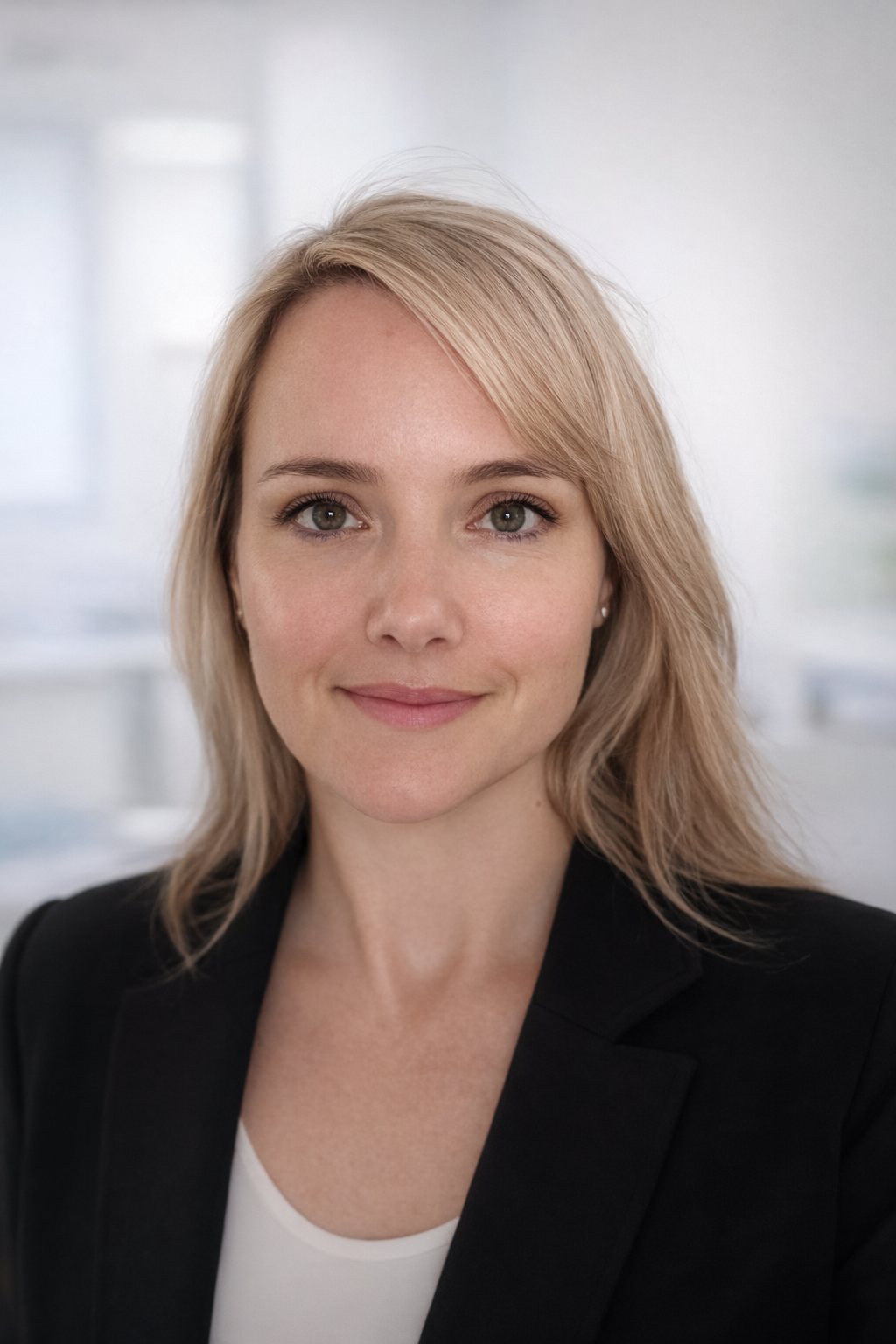 A woman with blonde hair, wearing a black blazer and white top, smiling softly in a professional setting.