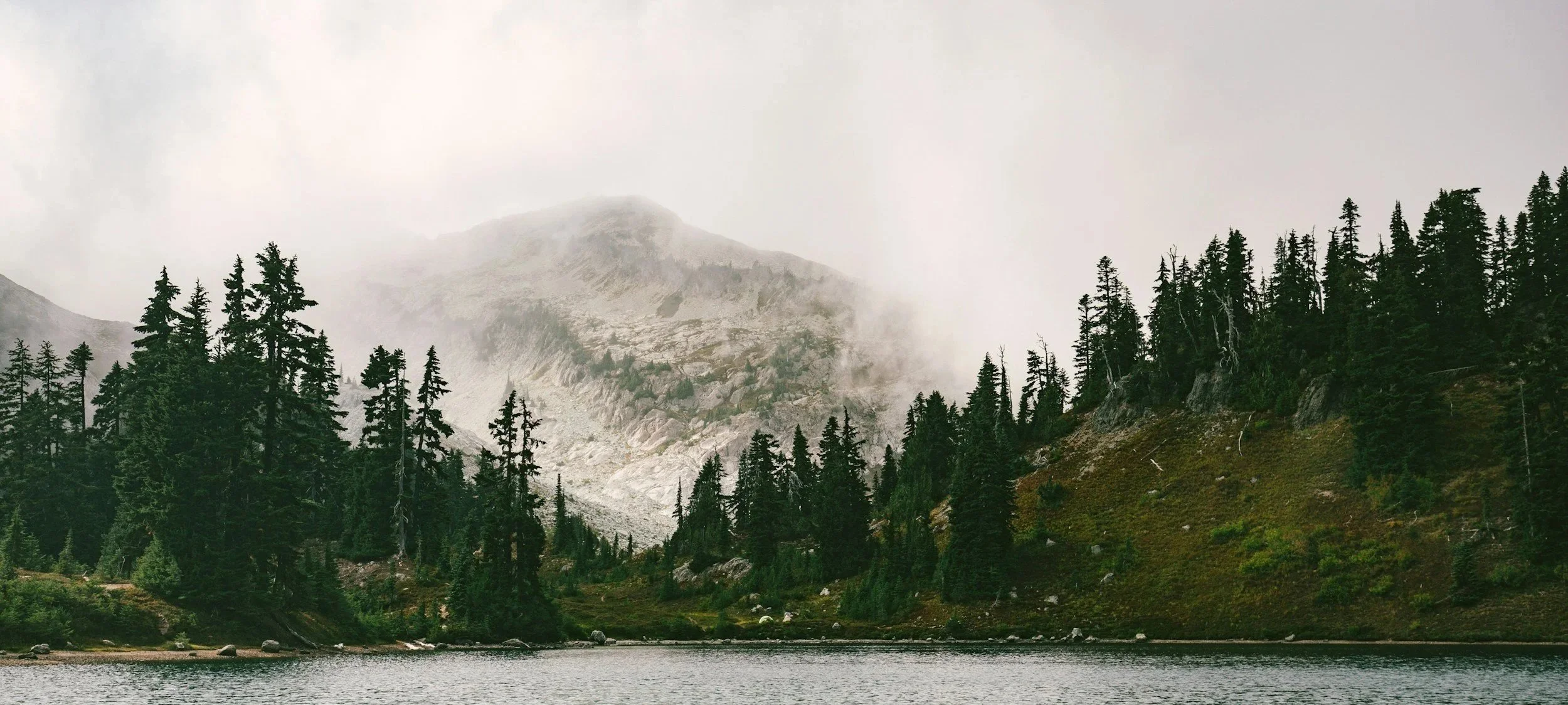 Mountain landscape with tall pine trees, a lake in foreground, rocky mountain slopes, and fog or clouds around the mountain peak.