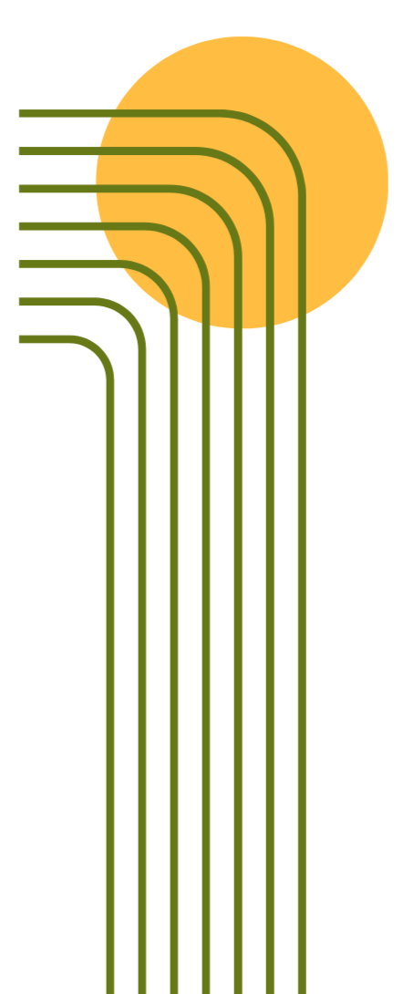 Abstract graphic with a large orange circle in the background and green curved lines extending downward from it.