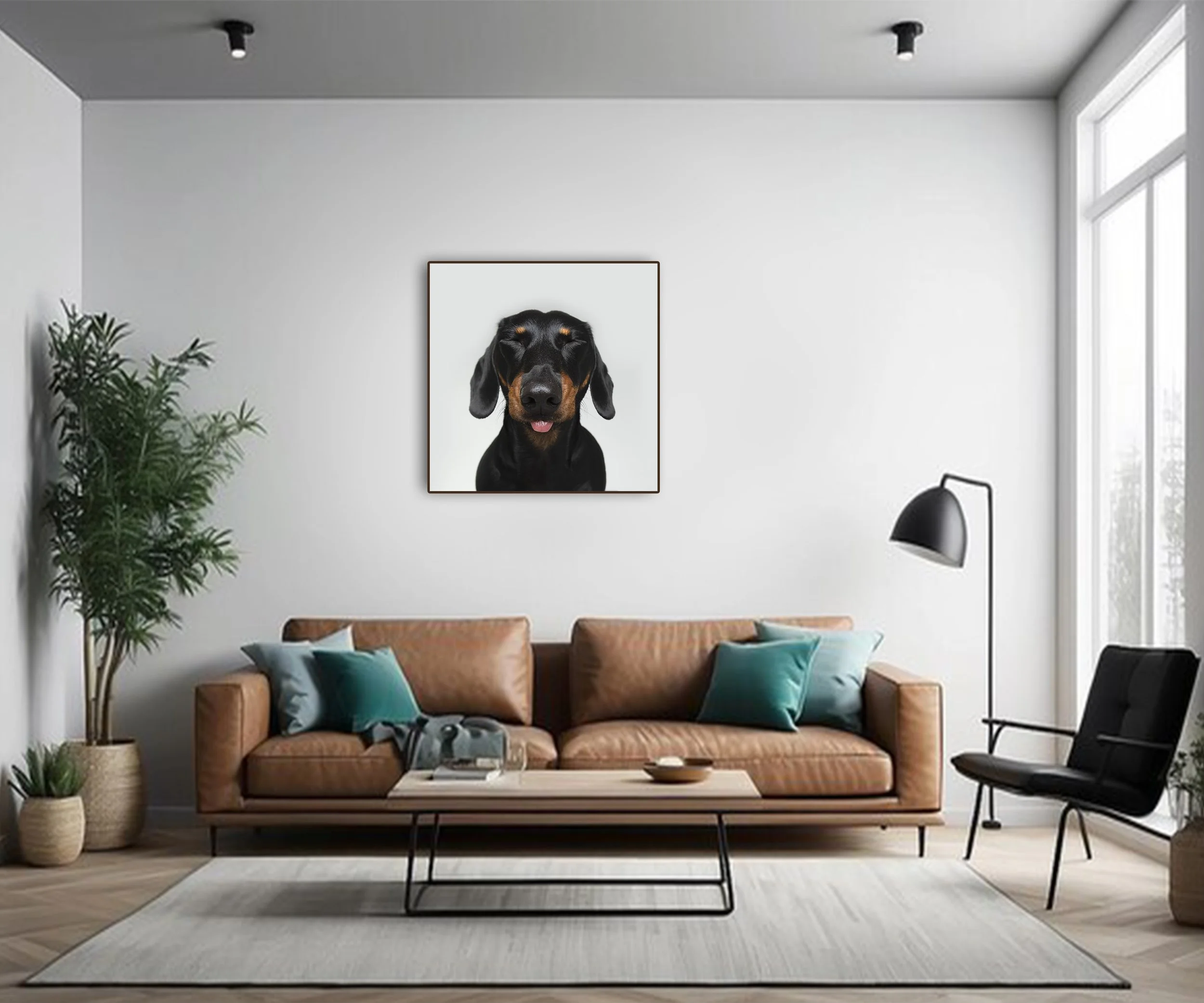 Living room with a tan sofa, blue and gray pillows, black coffee table, white area rug, tall green plant, large window, framed dog photo on white wall, black floor lamp, black chair, and a corner of a white cabinet.