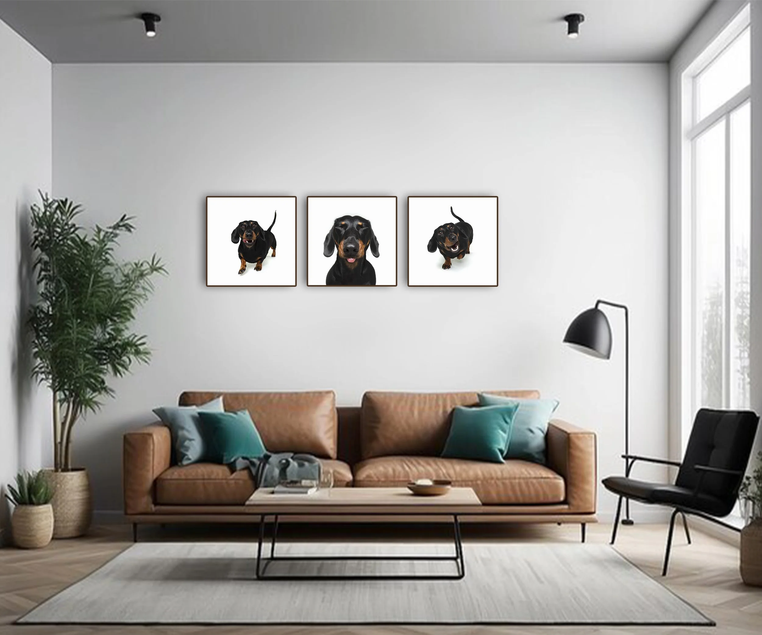 Living room with a tan sofa, green and gray pillows, black coffee table, artwork of three dachshunds on the wall, large window, potted plant, black chair, and neutral decor.