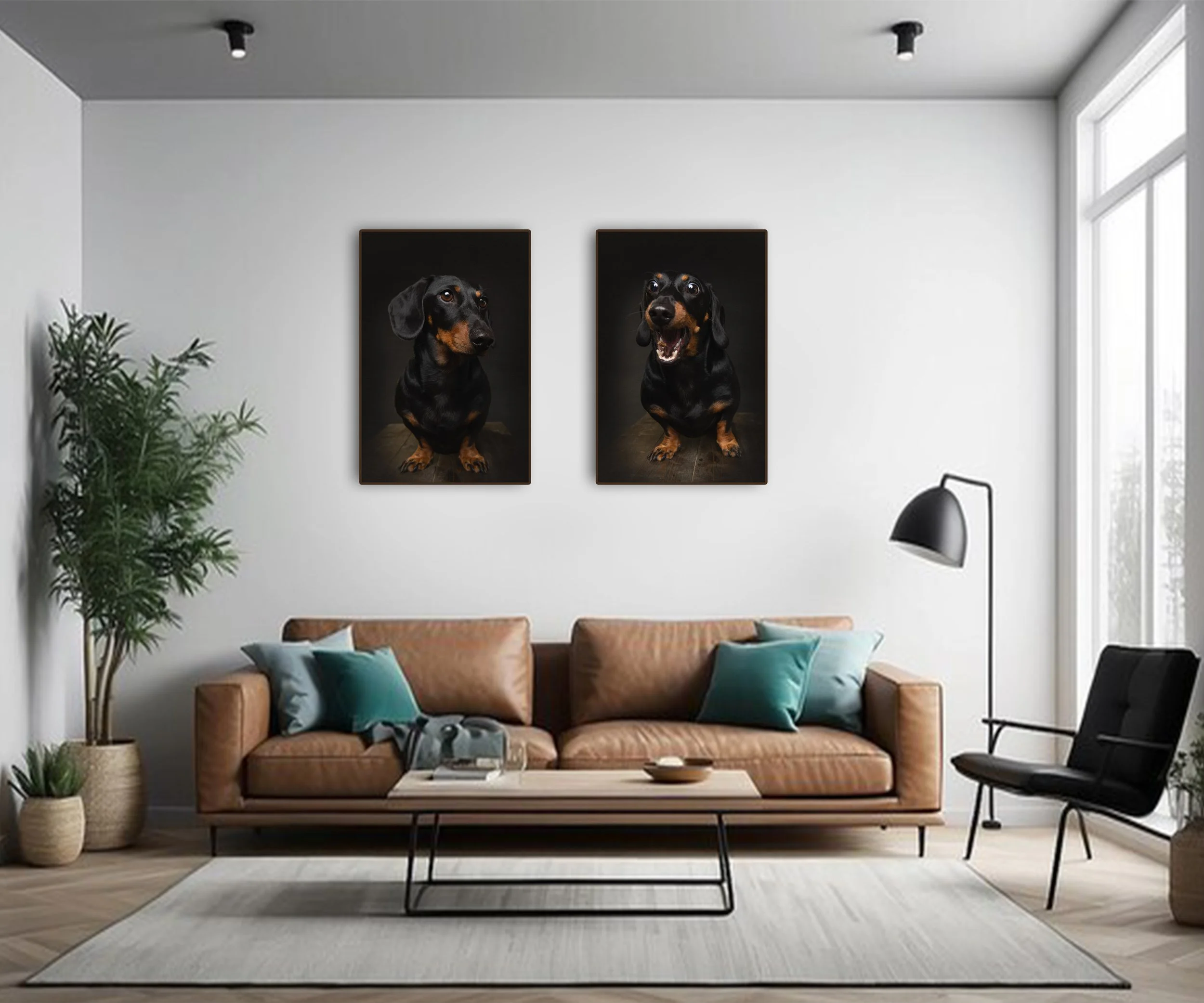 Living room with a brown leather sofa, teal and gray pillows, black armchair, a coffee table with books and a bowl, a large area rug, a tall green plant in a beige pot, two framed dog portraits on a white wall, and a window letting in natural light.