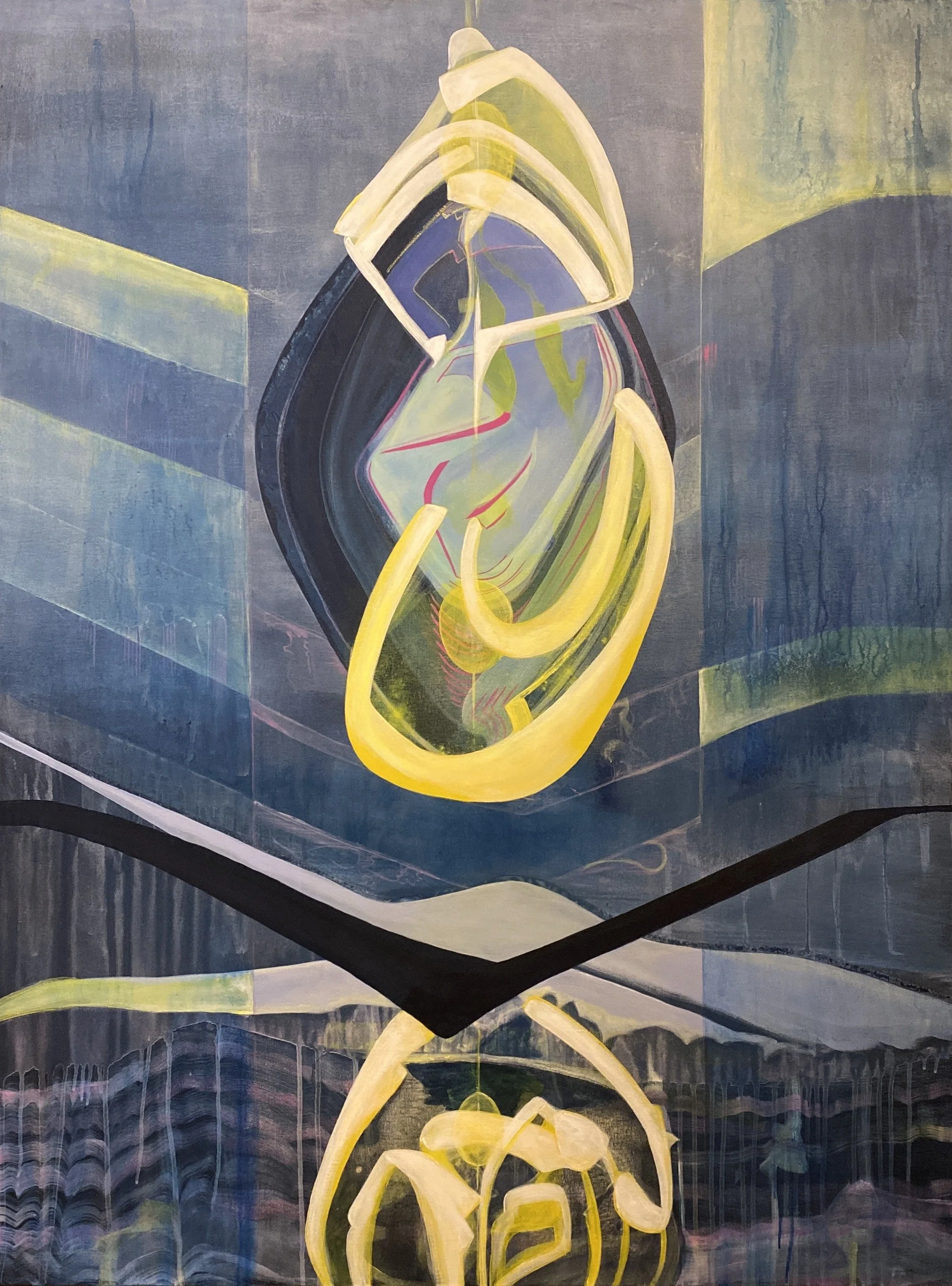 Abstract painting of a yellow lemon slice in a glass dish with a dark background