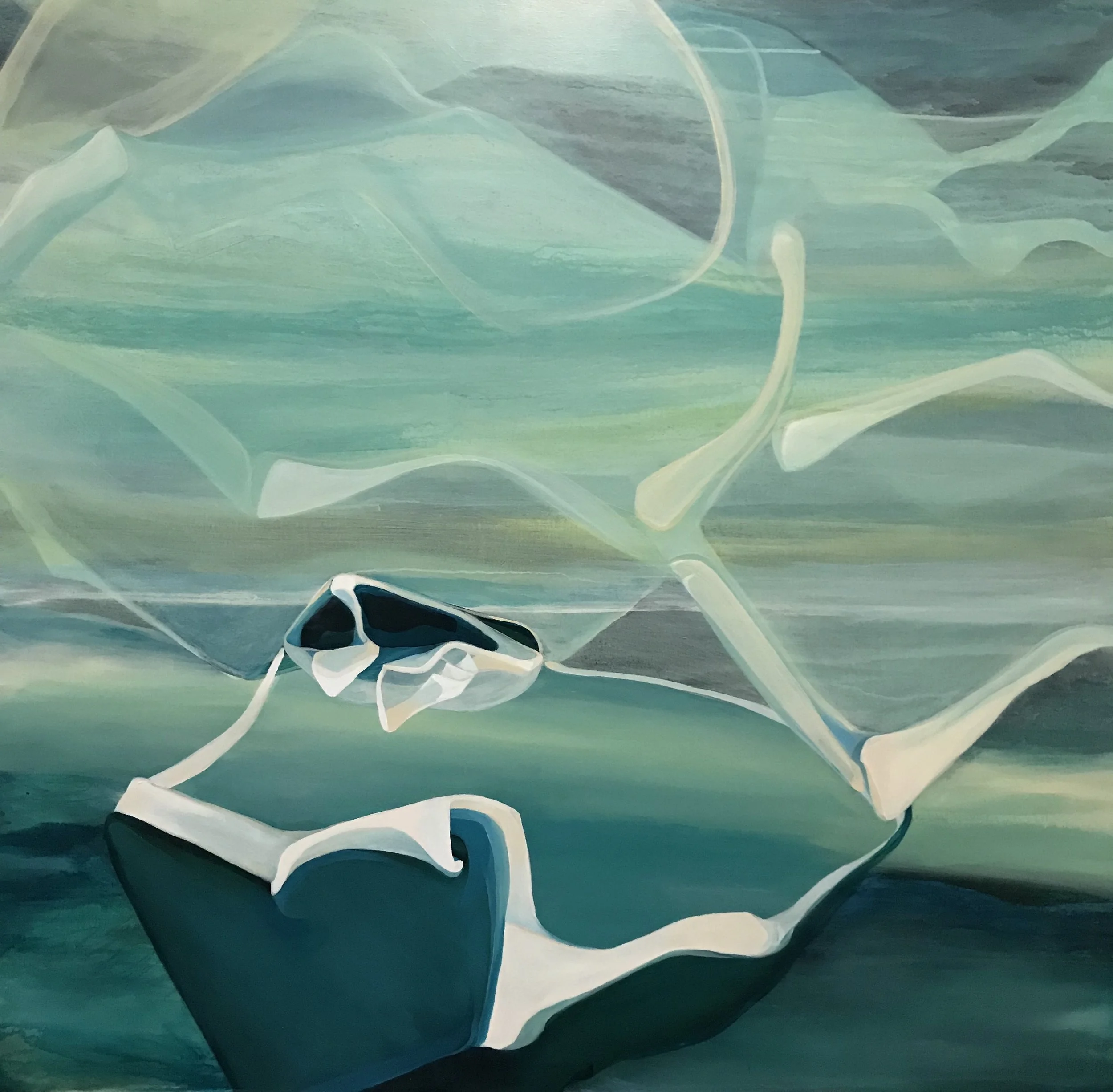 Abstract painting with light blue, dark blue, white, and green swirling patterns.