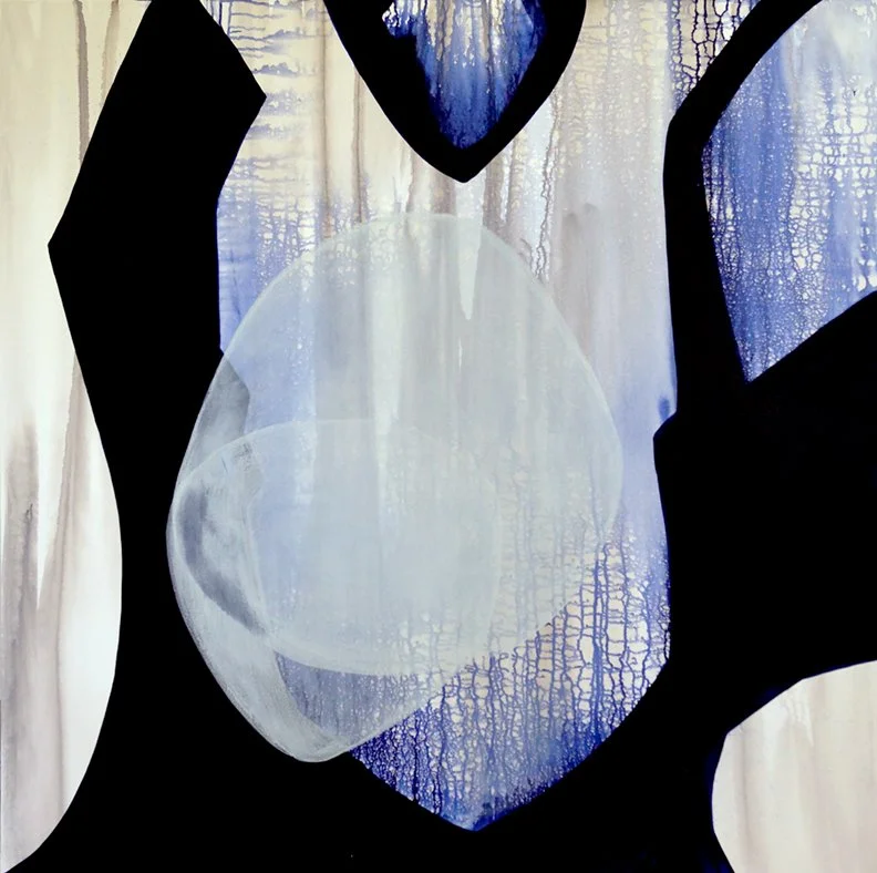 Abstract art featuring dark shapes, a large white and blue sphere-like object, and a textured white background with blue accents.