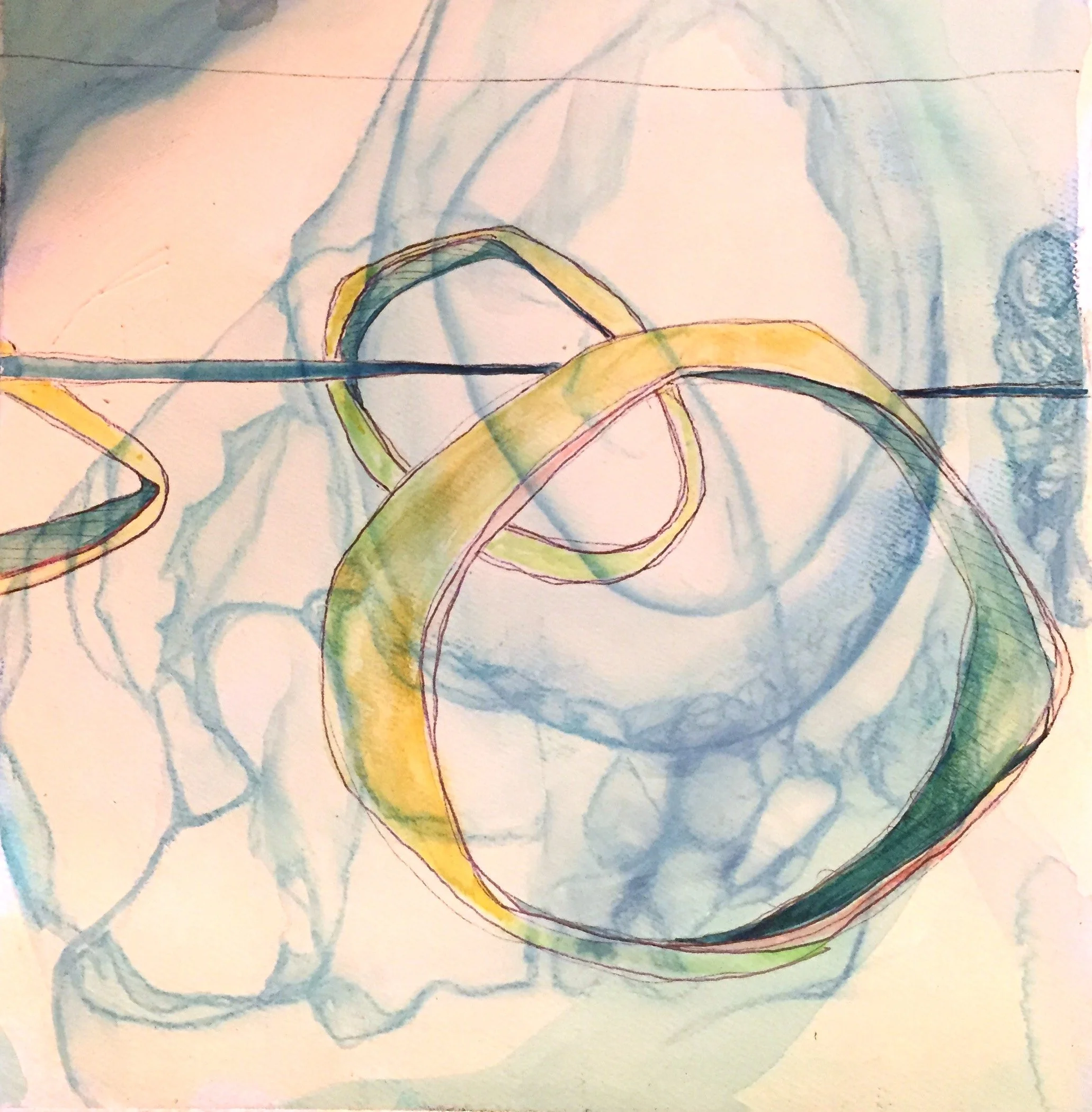 Colorful abstract drawing with overlapping circular shapes in yellow, green, pink, blue, and purple, with a light blue hexagonal background pattern.