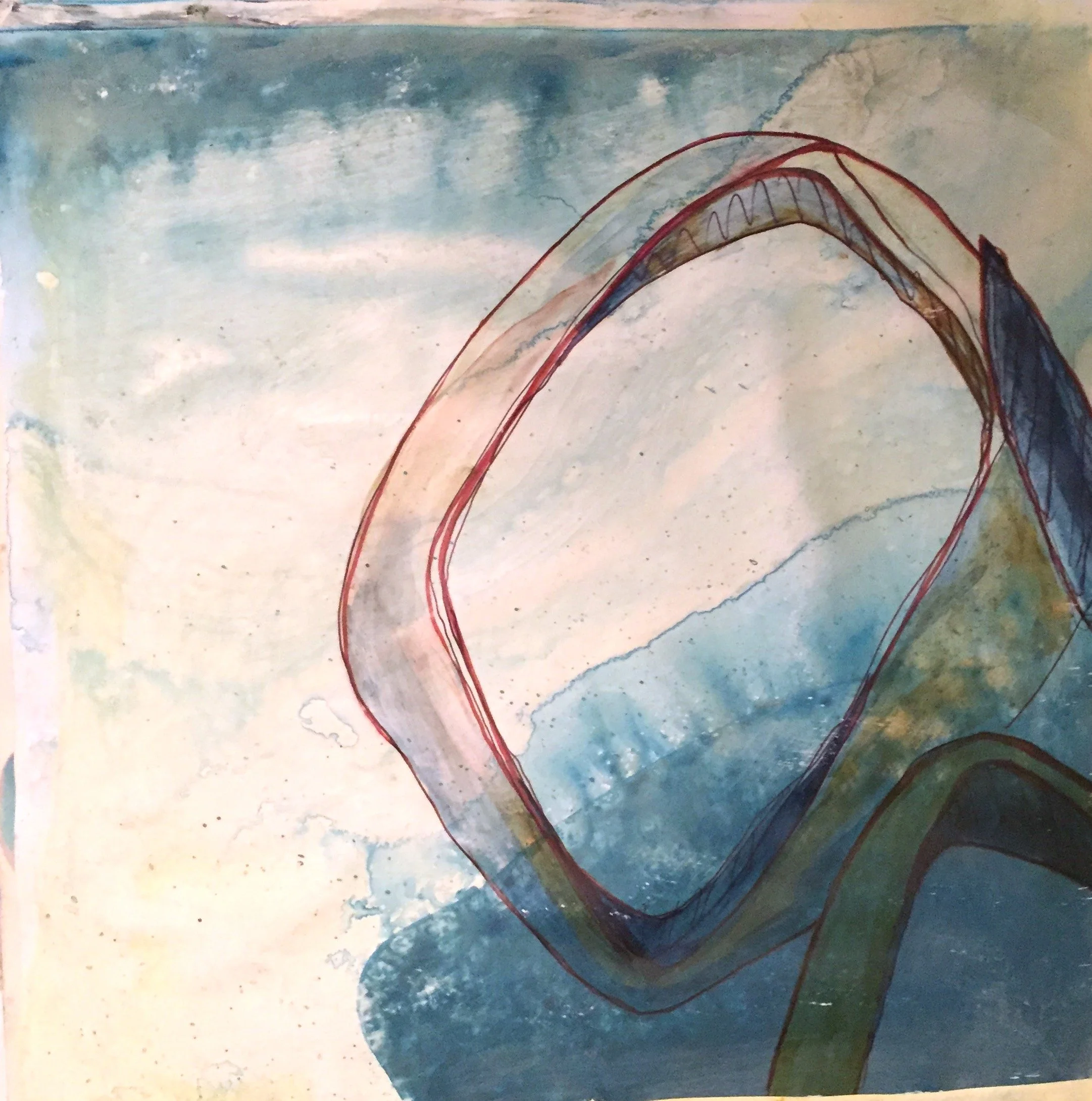 An abstract watercolor painting with shades of blue, green, and yellow, featuring curved lines and a textured background.