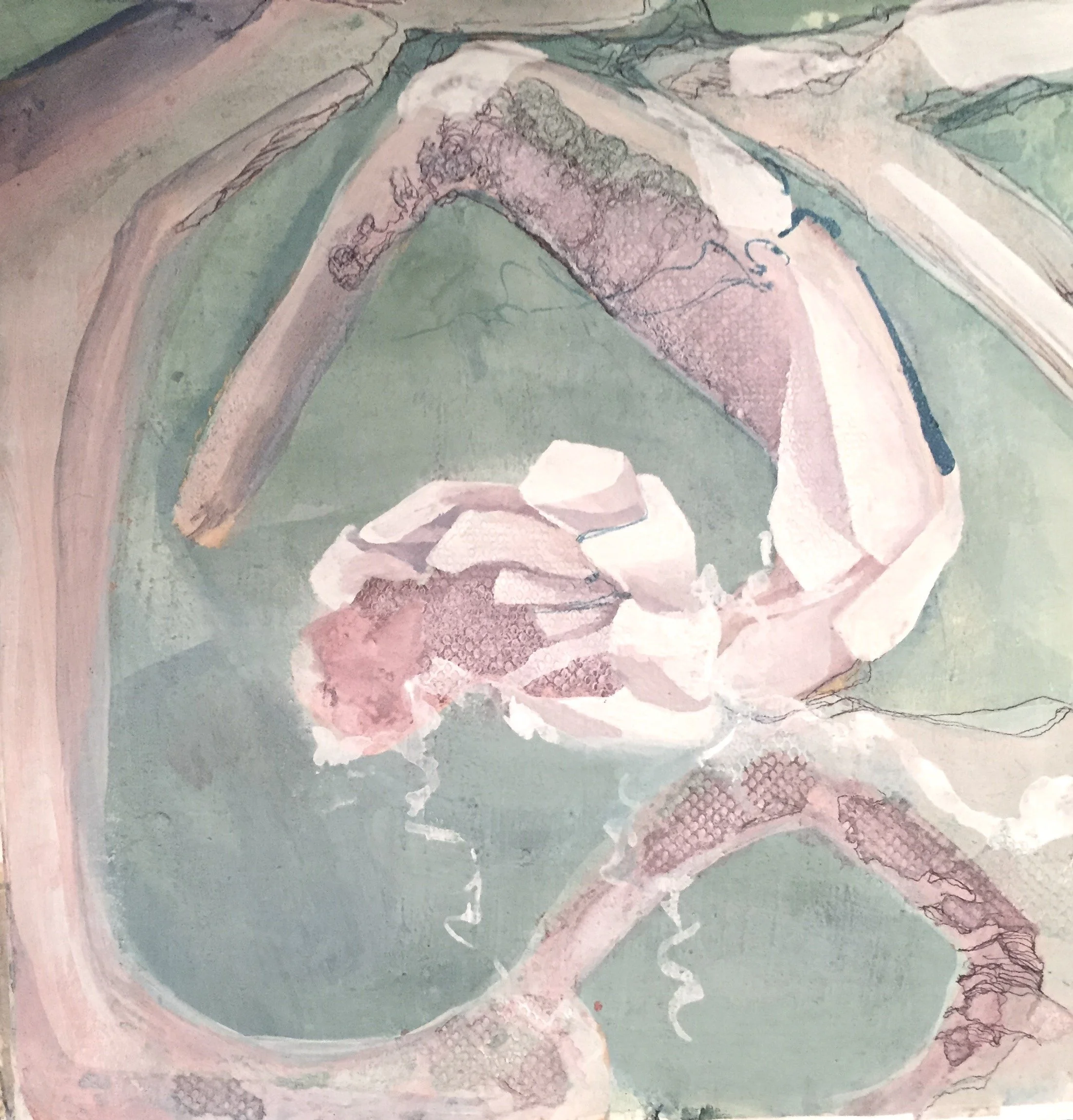 A colorful abstract painting featuring arches and curved shapes in muted pastel shades of green, pink, and beige with textured patterns and line details.