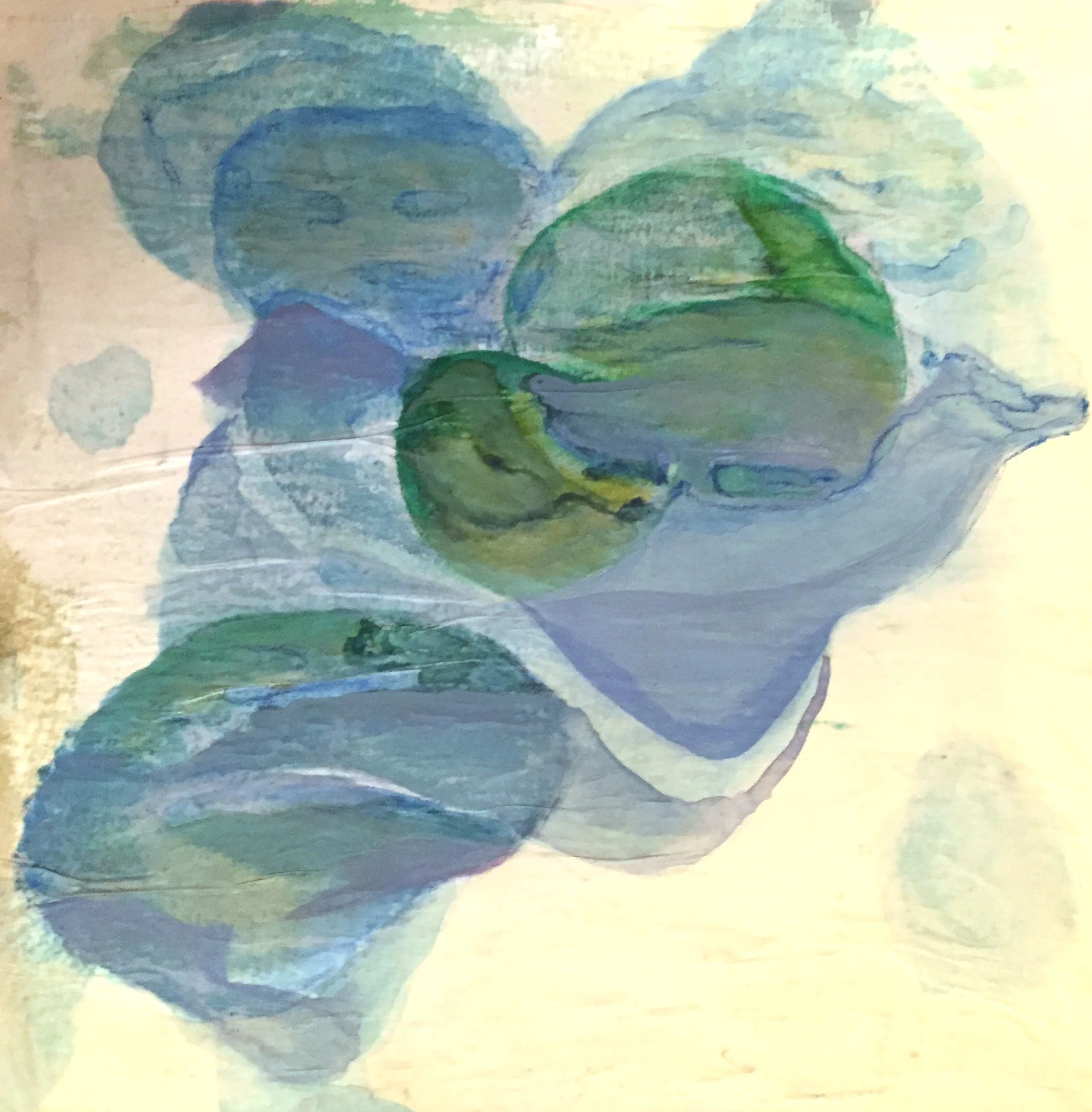 A child's colorful drawing of various faces and circular shapes created with paints or markers.