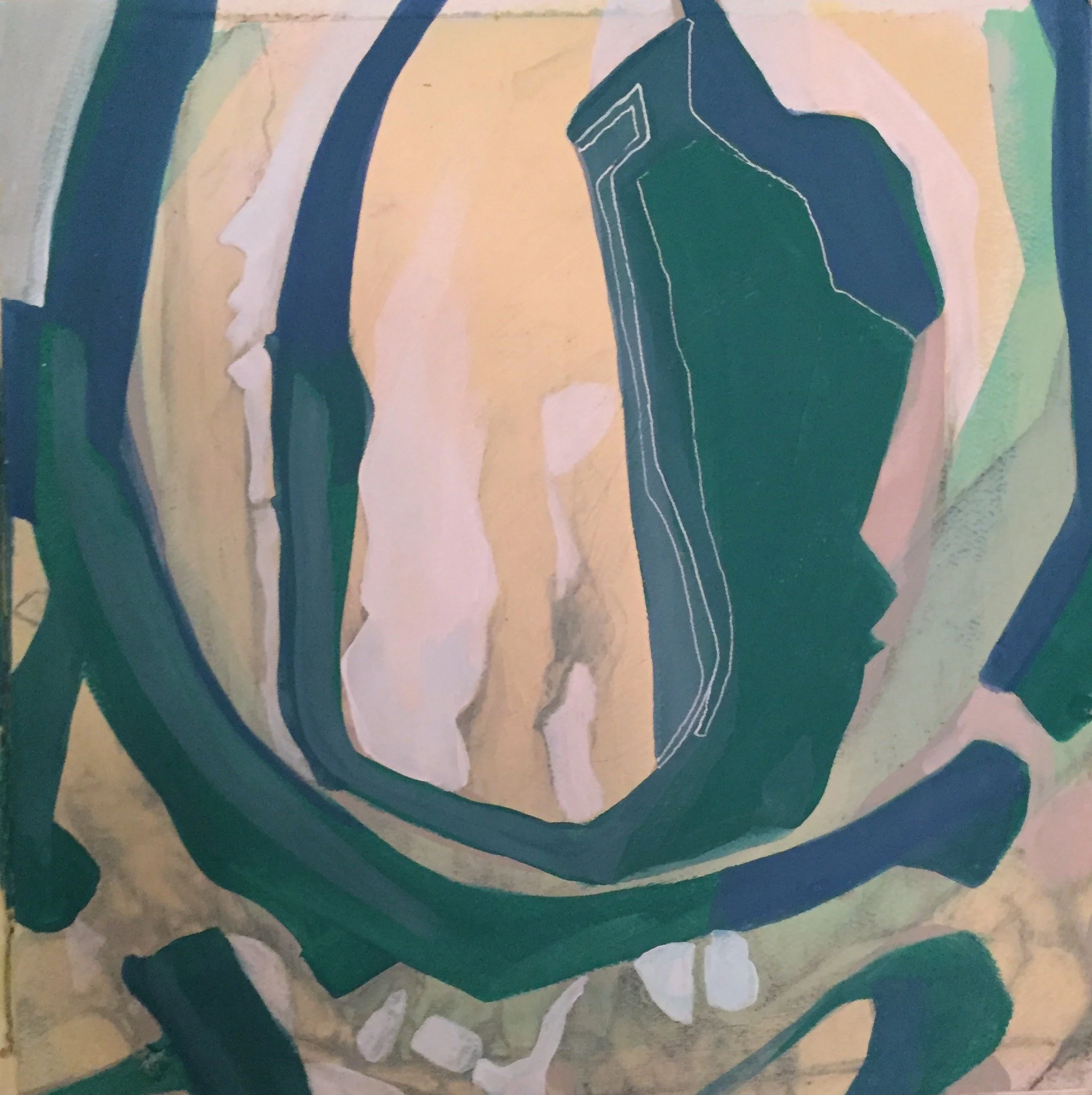 Abstract painting with green, blue, beige and white colors, featuring bold, sweeping brushstrokes and layered shapes.