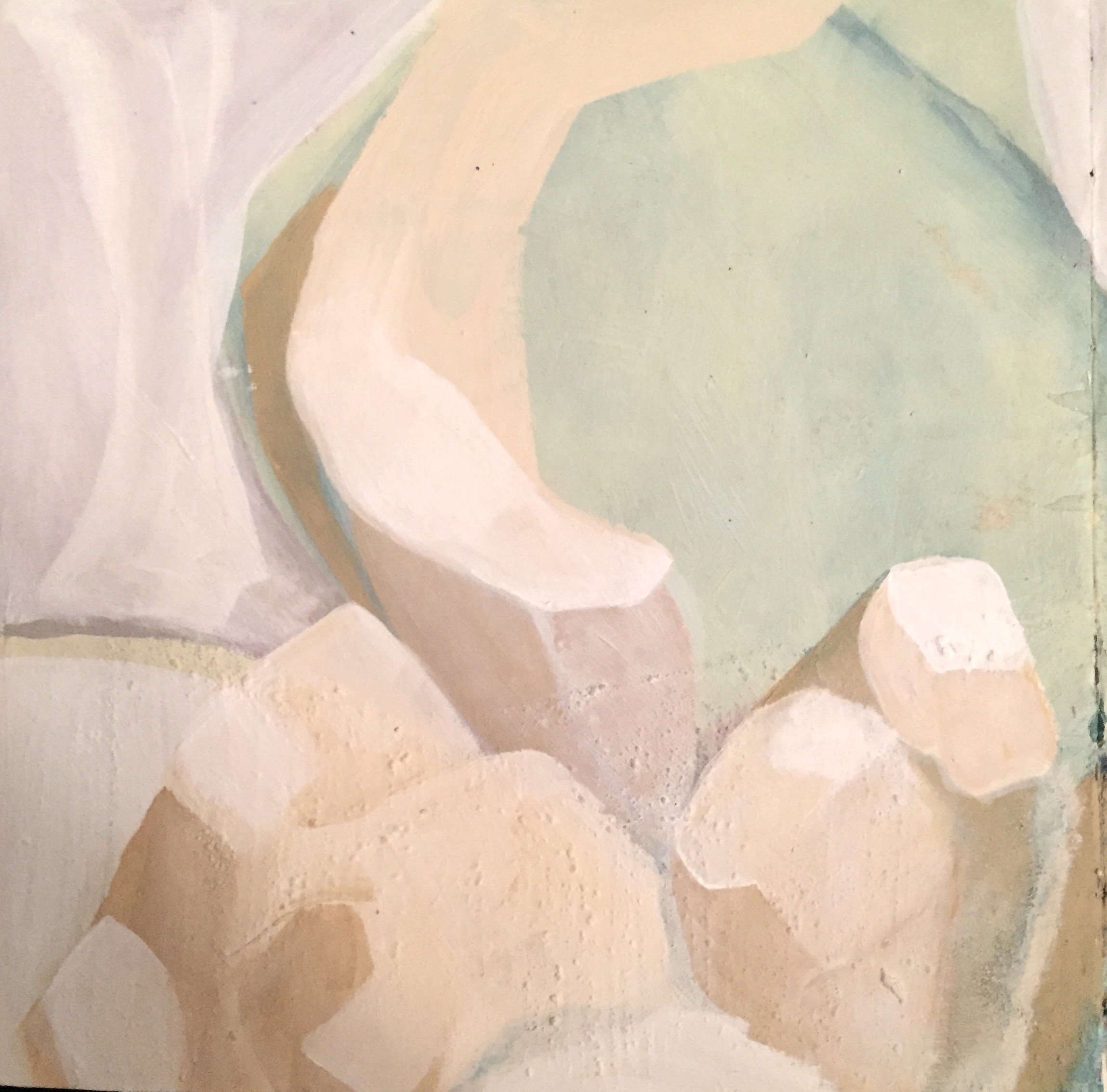 Close-up of a textured, abstract painting with soft pastel colors including shades of blue, beige, and white.